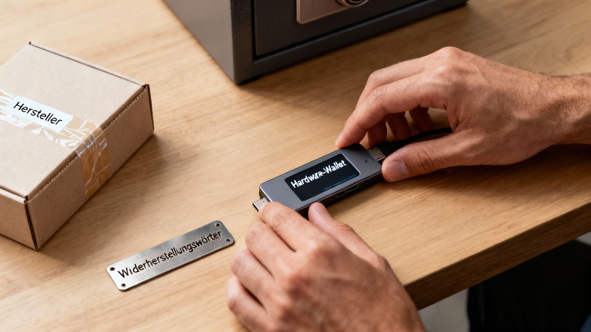 Eine Person richtet eine Hardware-Wallet ein, daneben liegen eine Hersteller-Box und eine Platte mit Wiederherstellungswörtern.