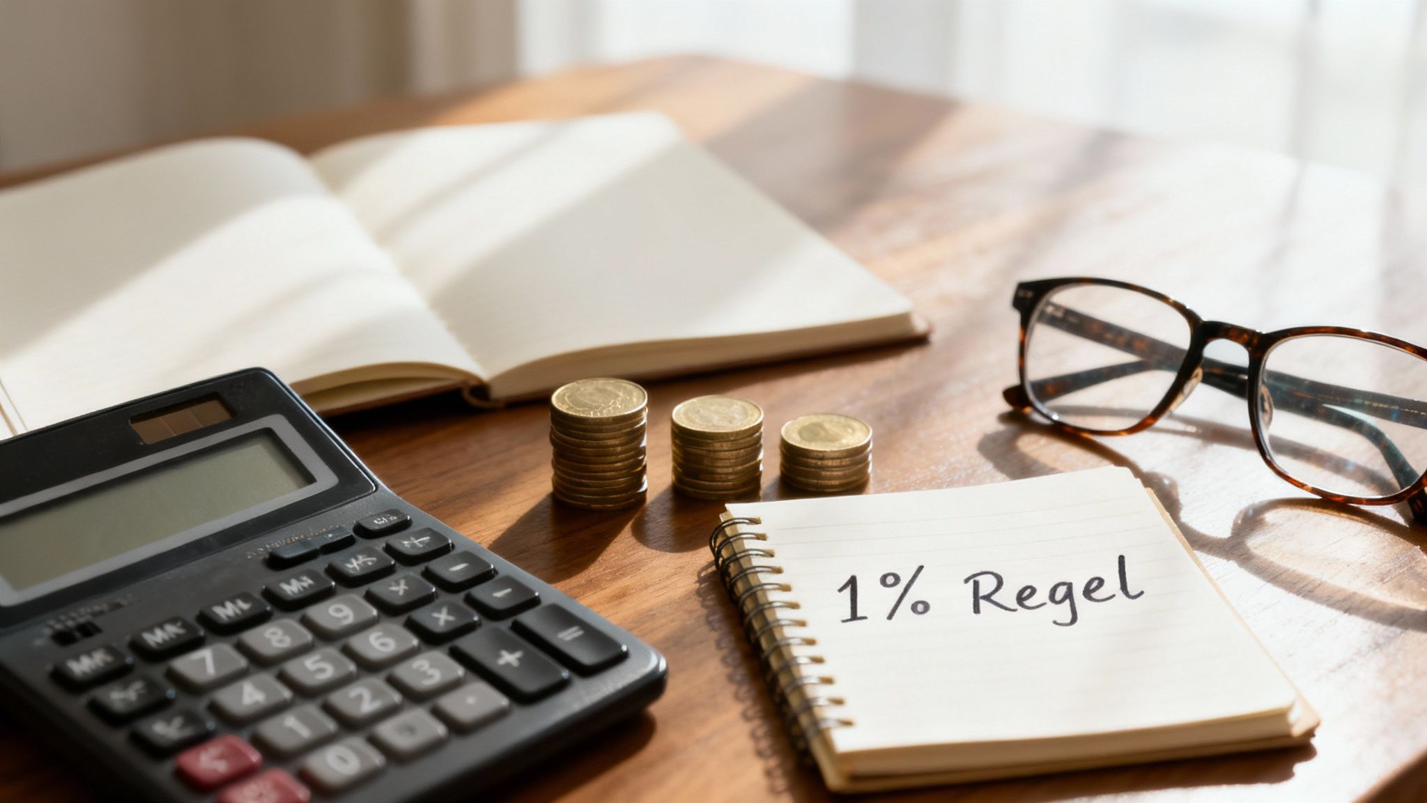 Ein Schreibtisch mit Rechner, Münzstapeln, Notizbüchern und Brille unter Sonnenlicht. Der Notizblock zeigt '1% Regel'.