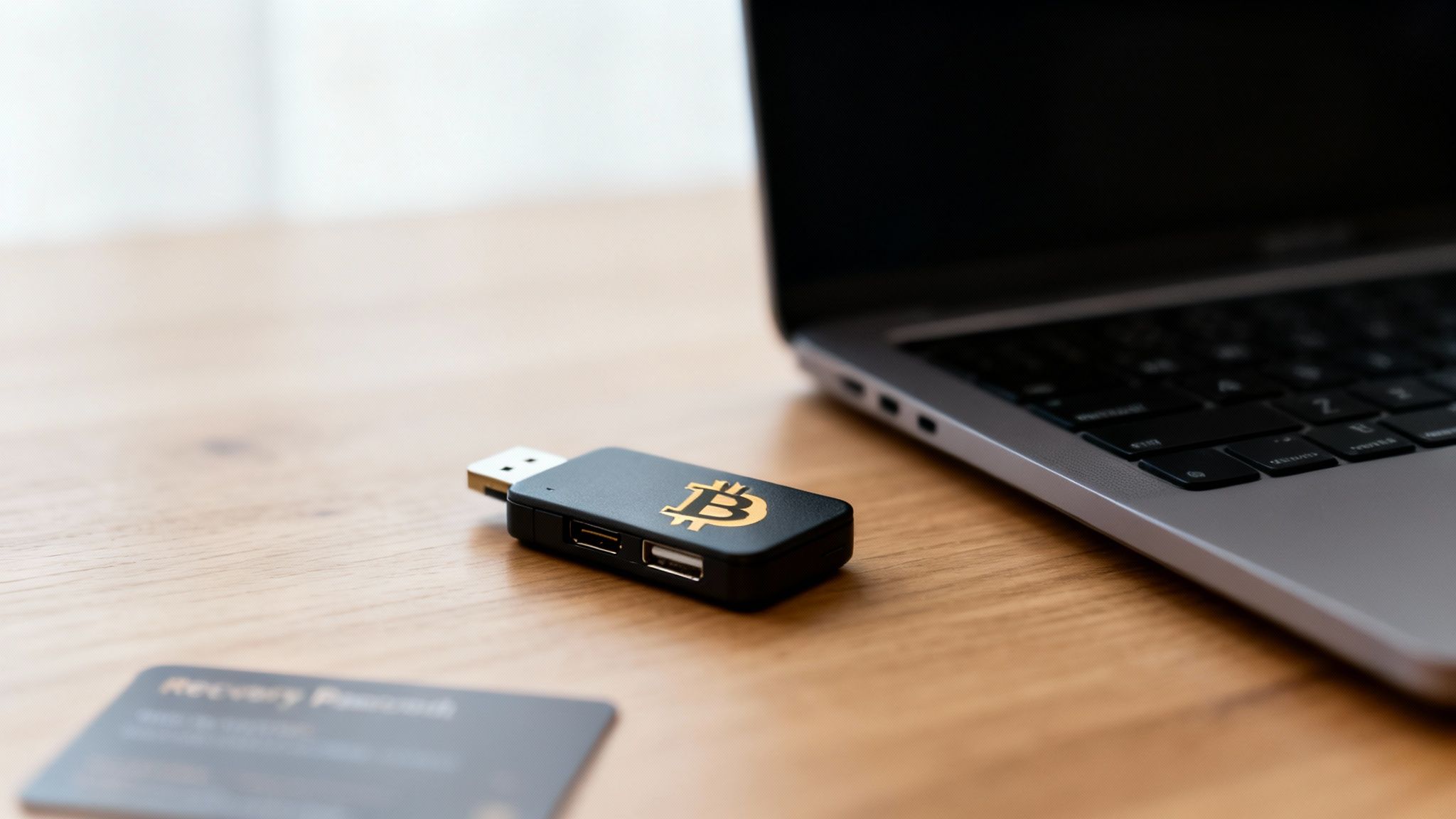 Ein Bitcoin Hardware Wallet mit goldener Münze auf einem Holztisch neben einem Laptop.