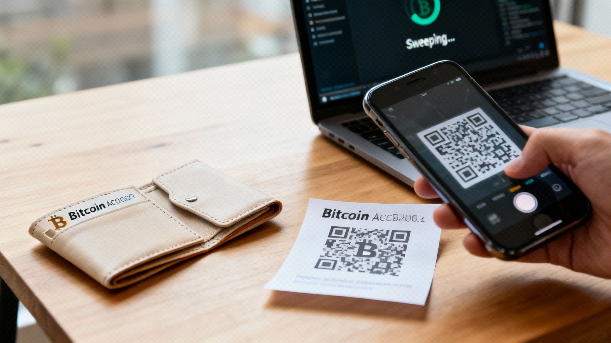 Eine Person scannt einen QR-Code auf einem Paper Wallet mit einem Smartphone, um eine Transaktion durchzuführen
