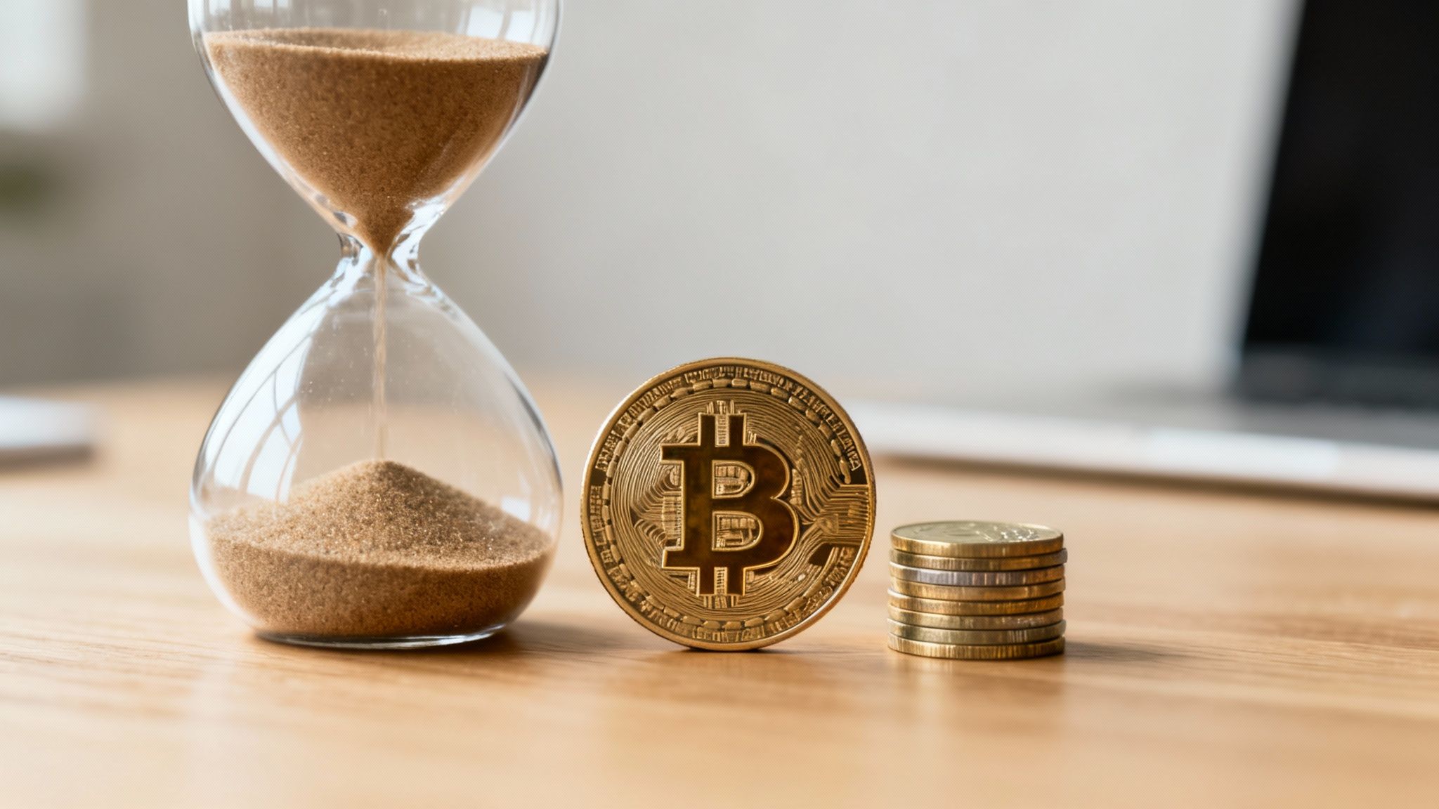 Sanduhr, goldene Bitcoin-Münze und Münzstapel auf Holztisch mit verschwommenem Hintergrund.