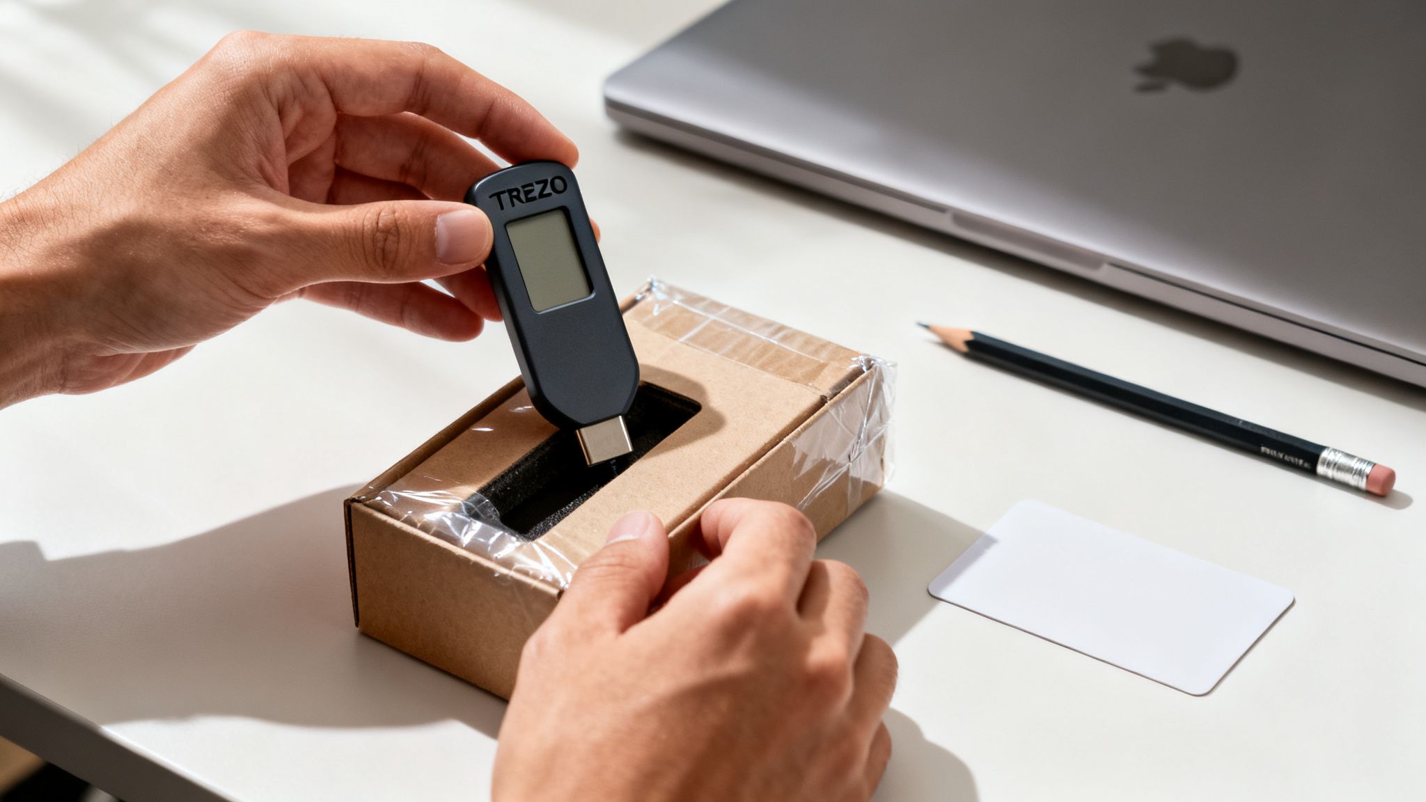 Hände entpacken eine Trezor Hardware-Wallet mit Display aus einer braunen Schachtel auf einem Tisch.