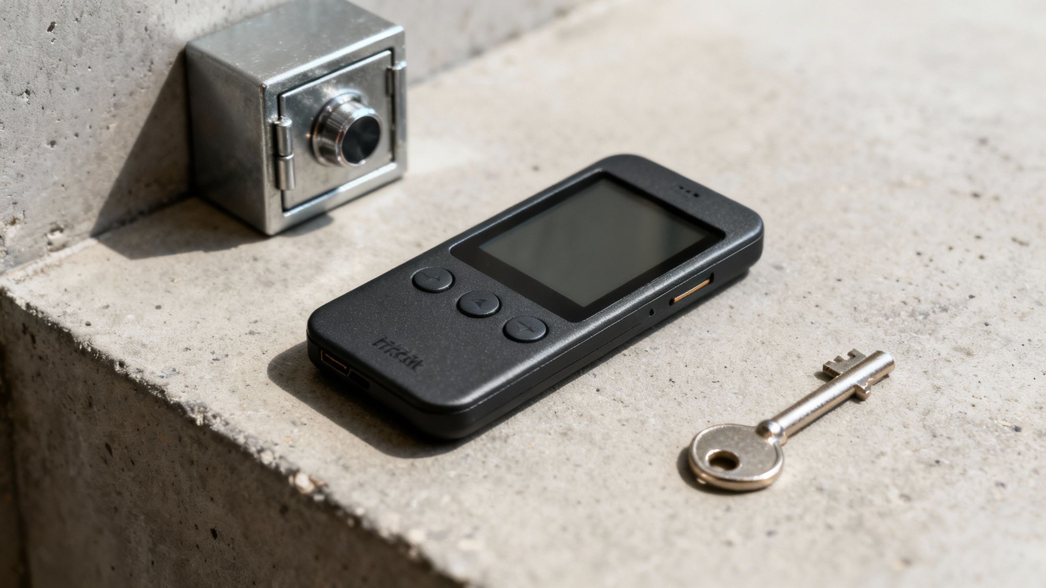 Ein kleines, glänzendes Metallsafet, ein schwarzes digitales Gerät und ein Schlüssel liegen auf einer Betonoberfläche.