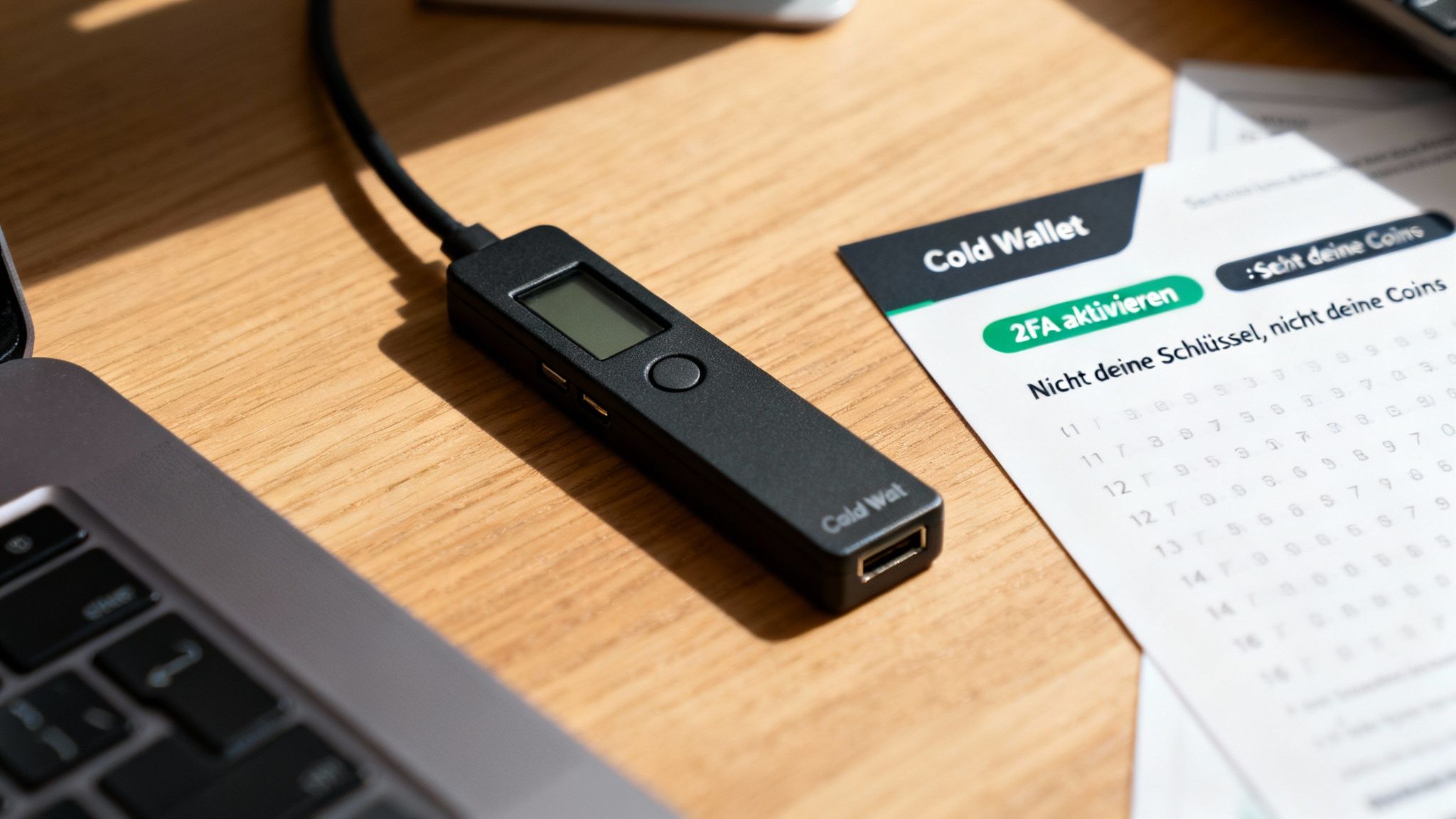 Schwarze Hardware-Wallet für Kryptowährungen auf Holztisch neben Laptop und Anleitung zur 2FA-Aktivierung.