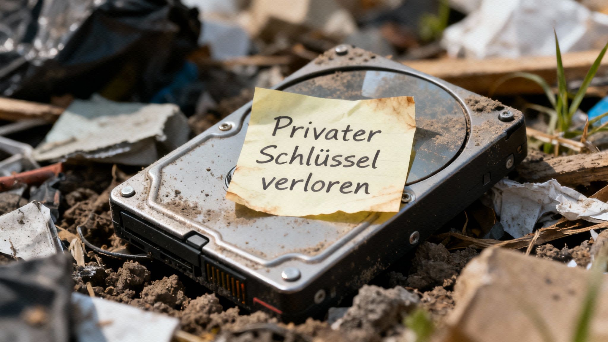 Verrostete Festplatte mit Notizzettel 'Privater Schlüssel verloren' in Schmutz und Müll, was Datenverlust symbolisiert.