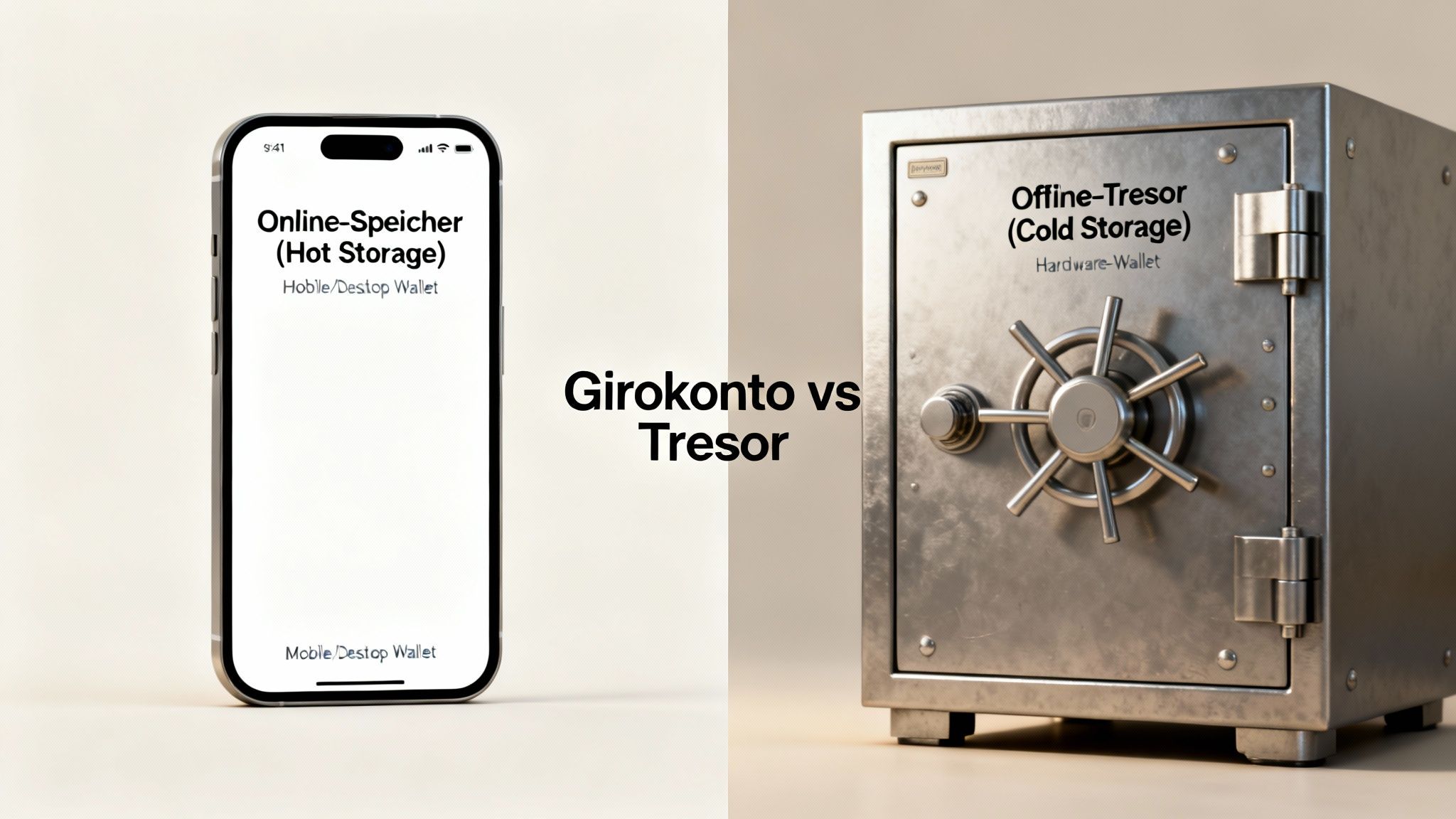Das Bild zeigt den Vergleich zwischen Hot Storage (Smartphone Wallet) und Cold Storage (Hardware Wallet Safe).
