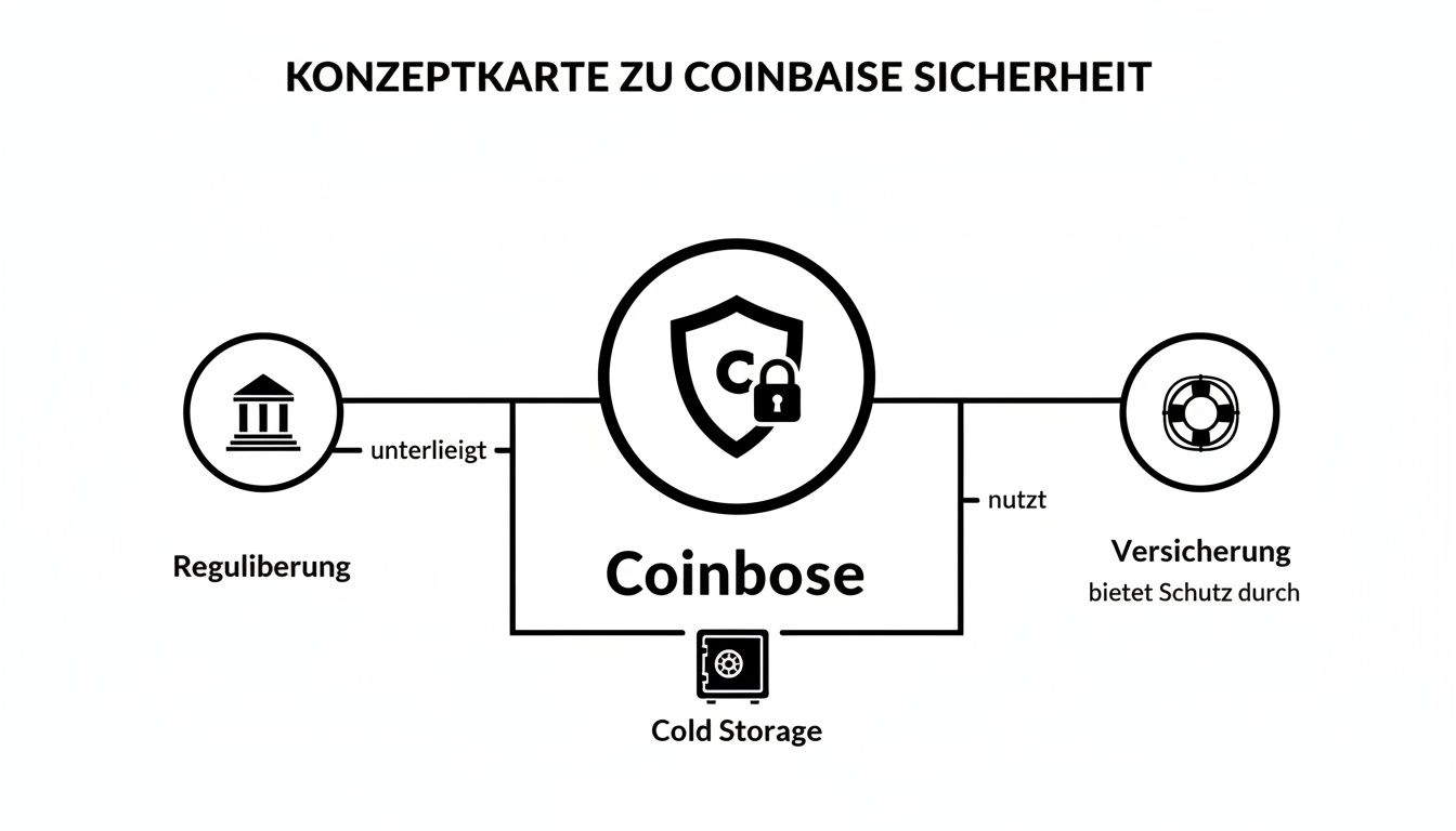 Konzeptkarte zur Sicherheit von Coinbase, die zeigt, wie Regulierung, Versicherung und Cold Storage Schutz bieten.