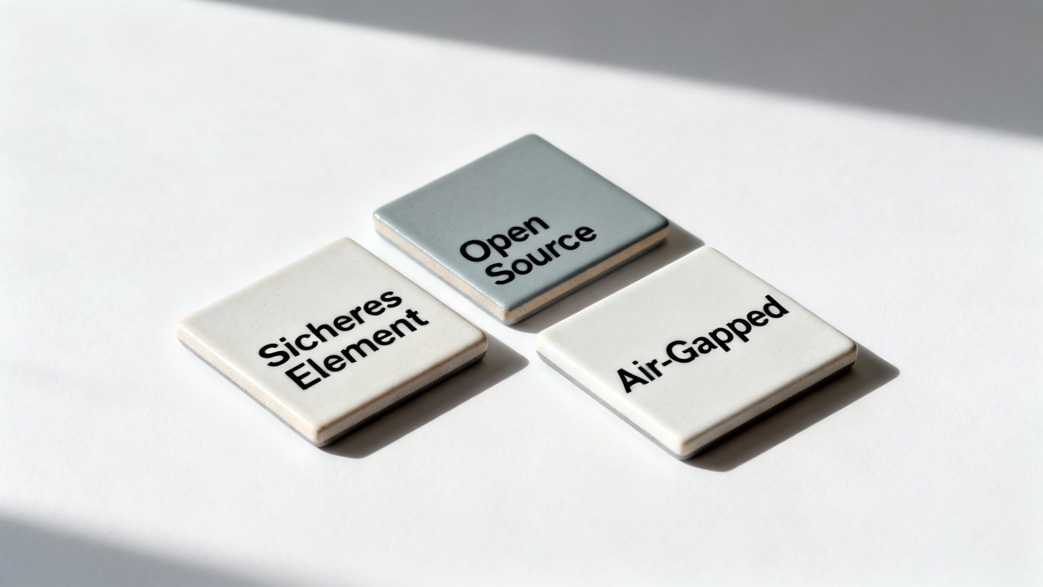 Drei Kacheln mit den Aufschriften 'Open Source', 'Sicheres Element' und 'Air-Gapped' auf weißem Hintergrund.