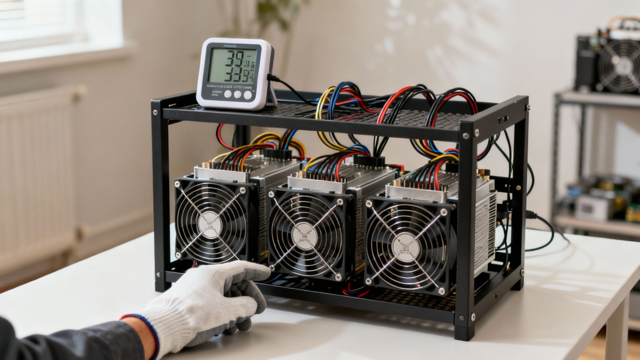 Techniker richtet Bitcoin-Mining-Rig mit drei Kühlventilatoren und Temperaturanzeige auf einem Tisch ein