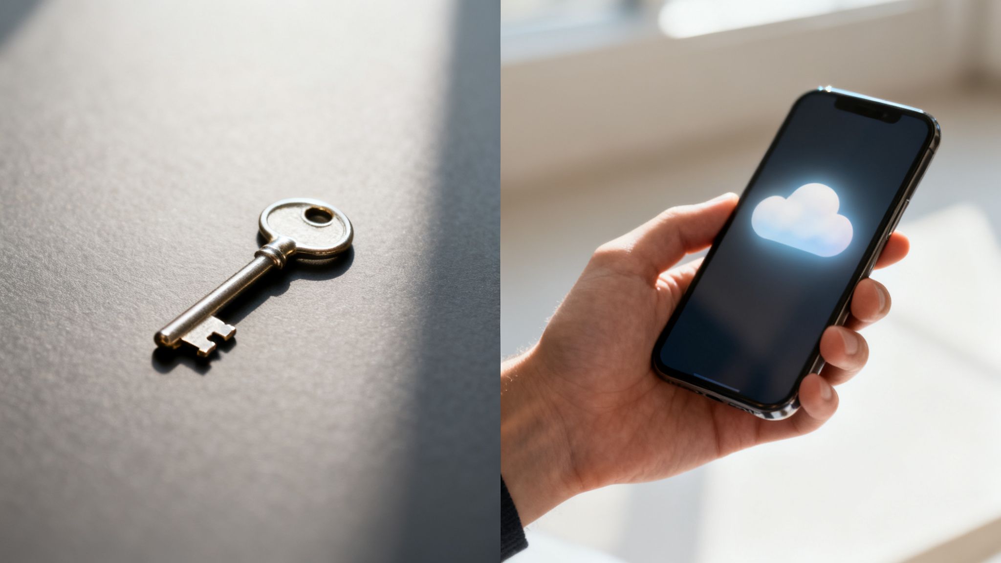 Ein physischer Schlüssel und ein Smartphone mit Cloud-Symbol, das digitalen Zugang symbolisiert.
