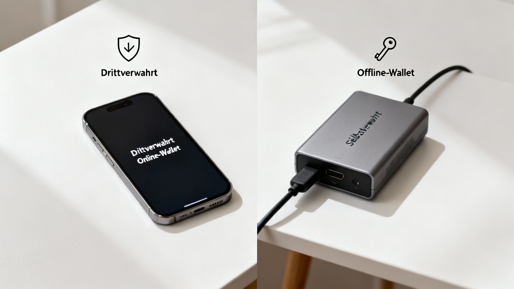 Ein Smartphone zeigt eine Online-Wallet, während daneben eine Hardware-Wallet für Offline-Speicherung liegt.
