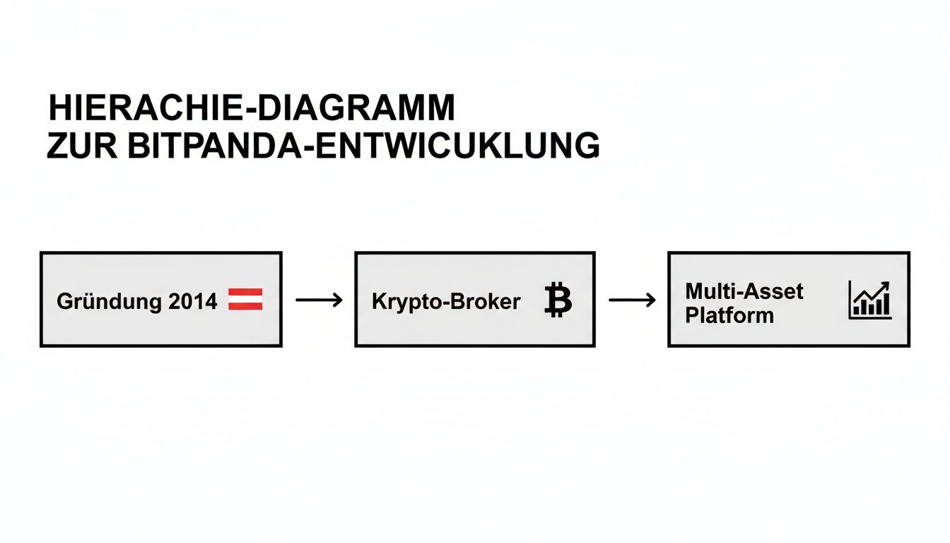 Hierarchiediagramm zeigt die Entwicklung von Bitpanda: Gründung 2014, dann Krypto-Broker, schließlich Multi-Asset-Plattform.