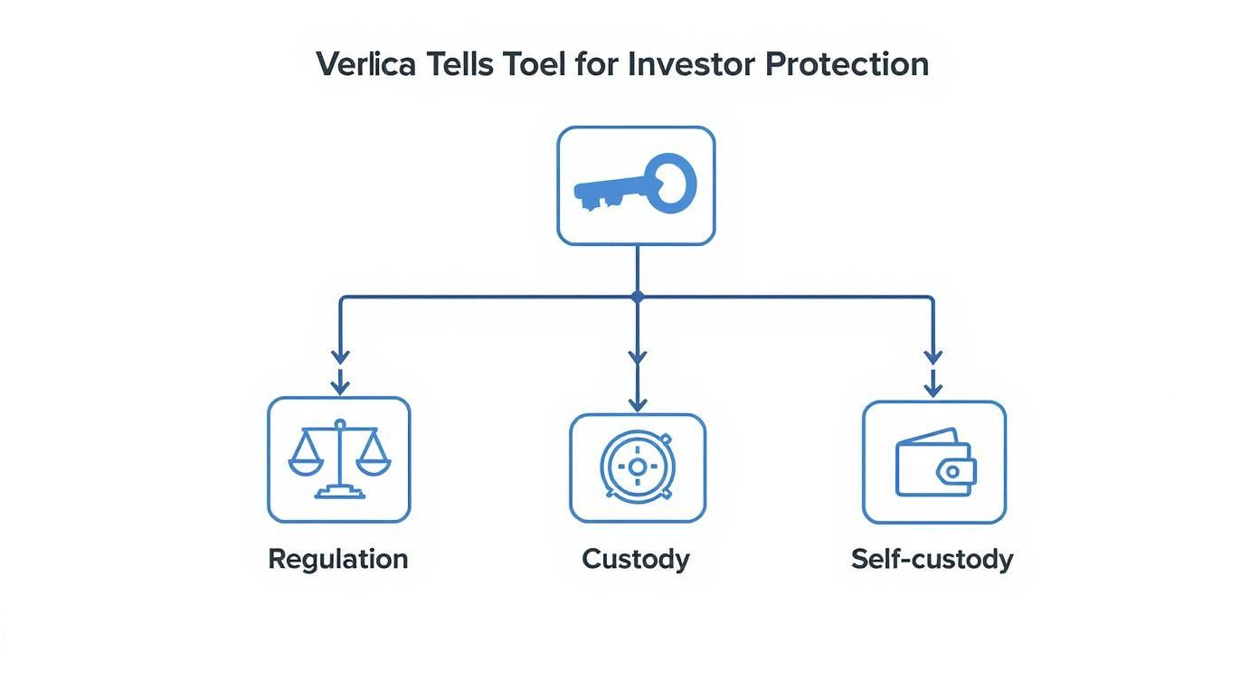 Diagramm zum Anlegerschutz mit Schlüsselsymbol, das sich in Regulierung, Verwahrung und Selbstverwahrung aufteilt.