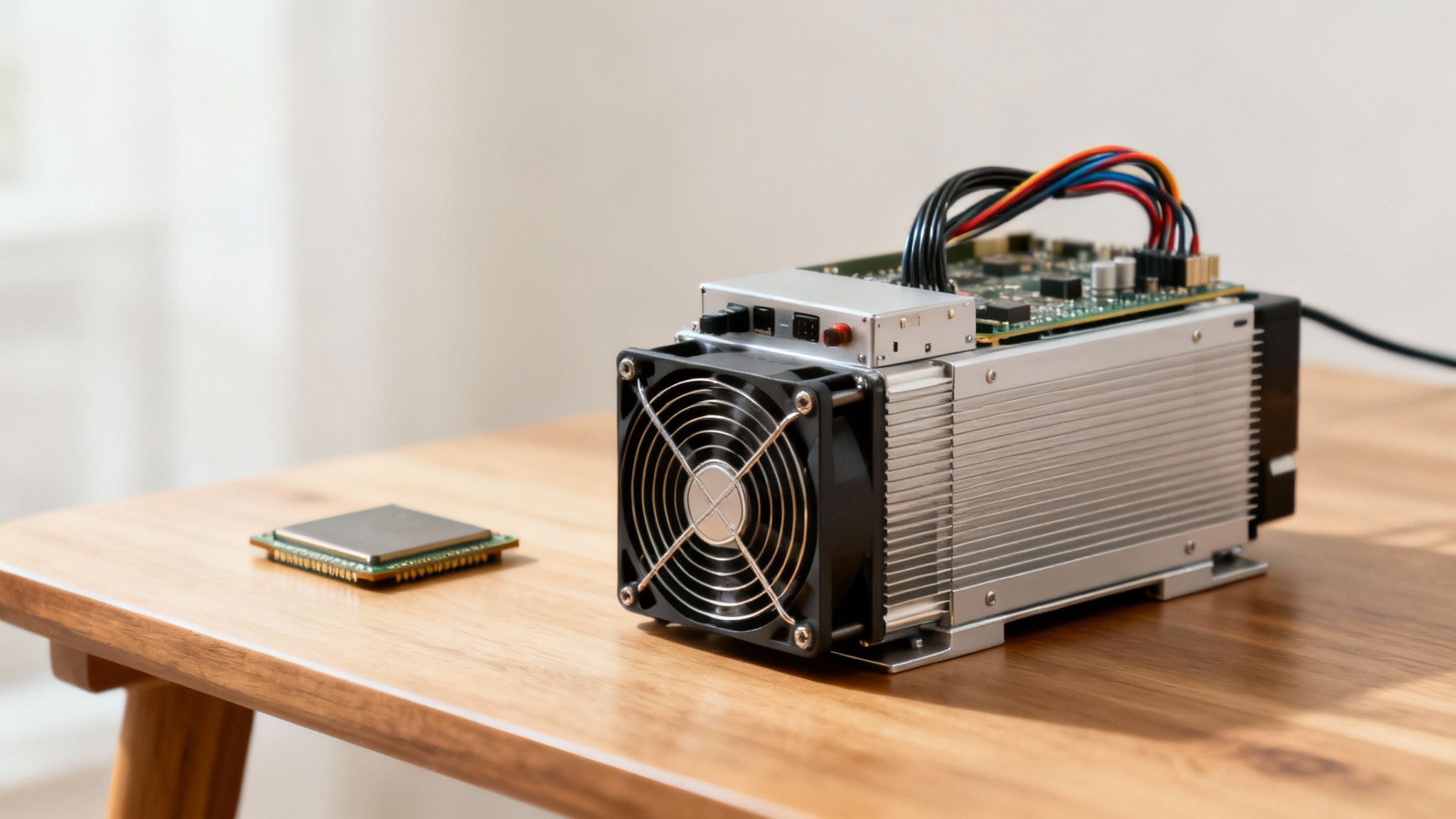 Bitcoin Mining Hardware mit Kühlventilator und Prozessor auf Holztisch, Kryptowährung Mining Equipment
