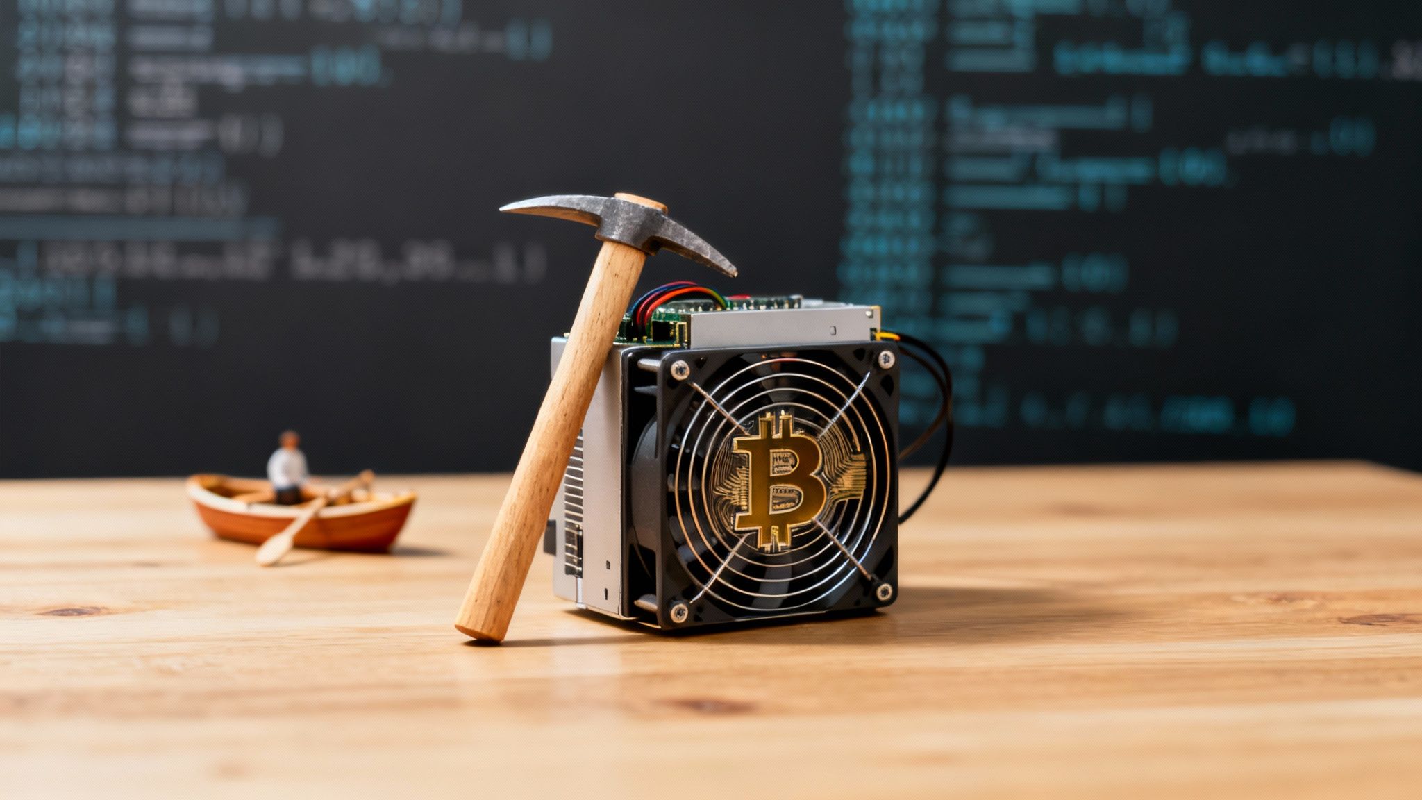 Bitcoin-Mining-Hardware mit Spitzhacke und Miniatur-Bergarbeiter als Symbol für Kryptowährung-Schürfen
