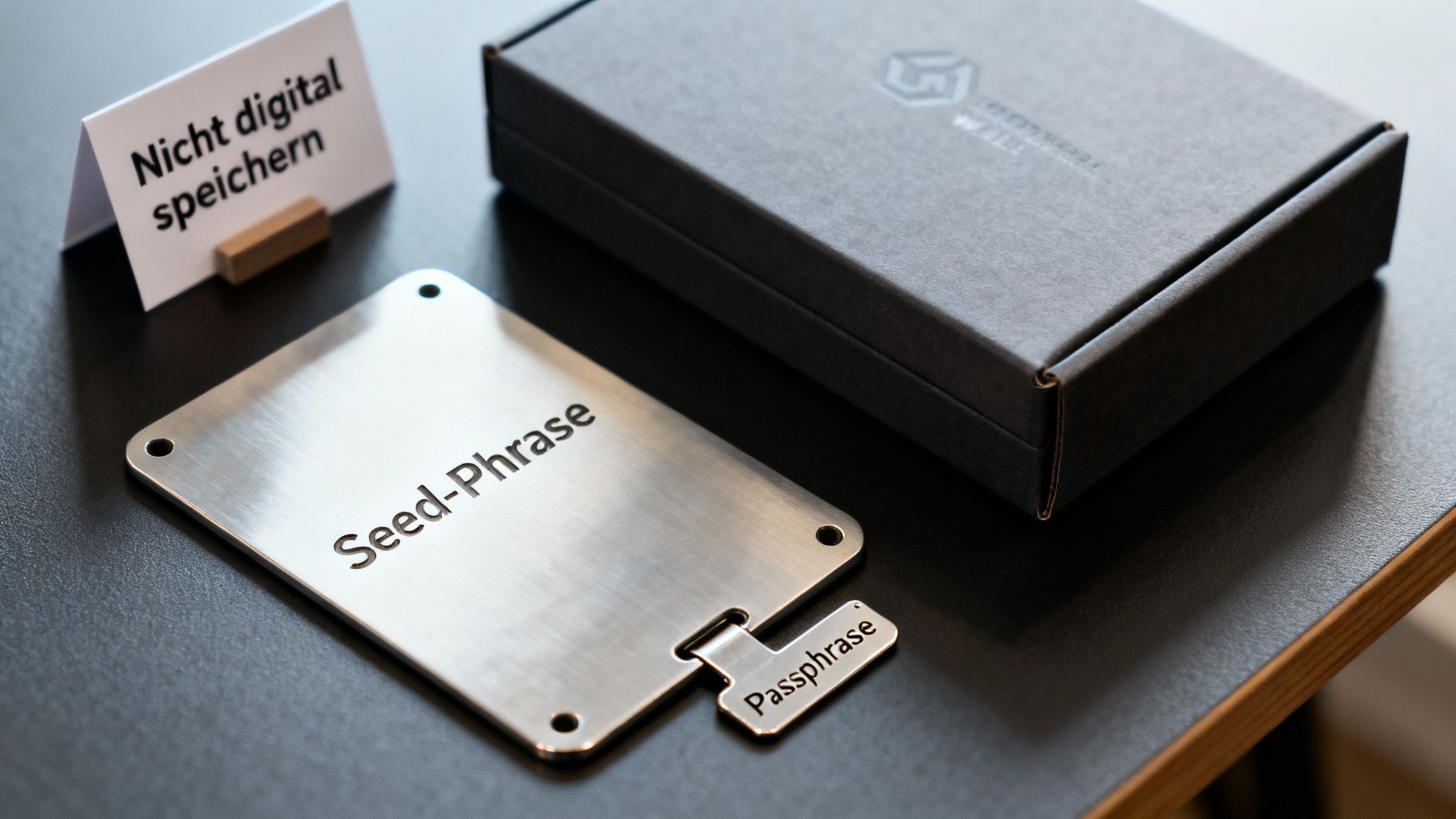 Eine silberne Metallplatte mit Seed-Phrase und Passphrase, daneben ein Schild und eine Krypto-Wallet-Box.