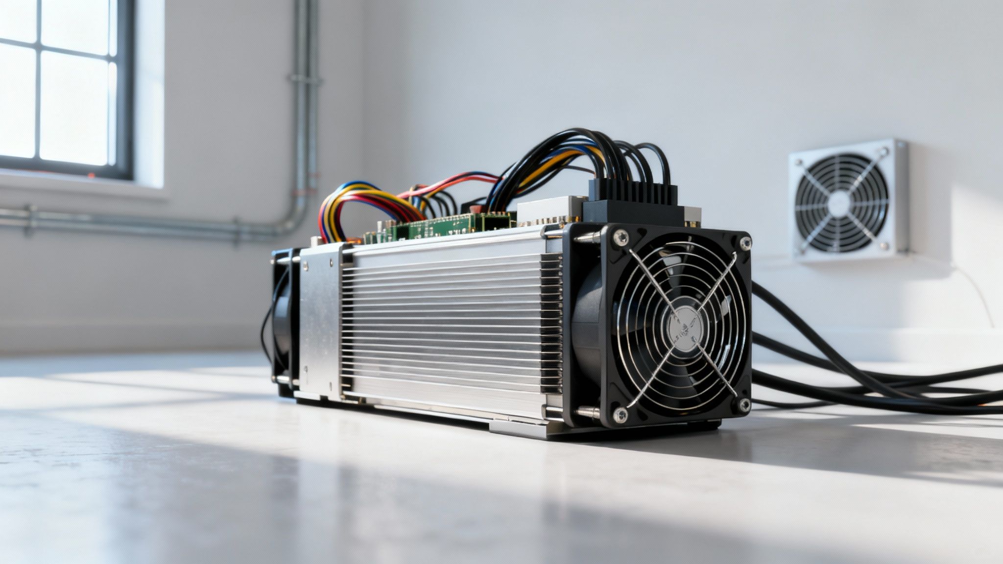 Ein fortschrittliches Kryptowährungs-Mining-Rig mit Kühlkörpern und Lüftern auf einem hellen Boden in einem modernen Raum.