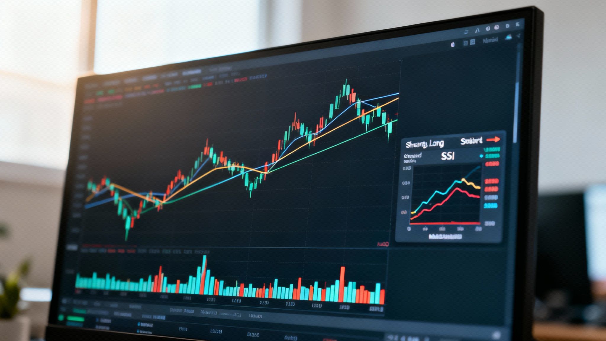 Ein Chart mit verschiedenen technischen Indikatoren wie gleitenden Durchschnitten und dem RSI