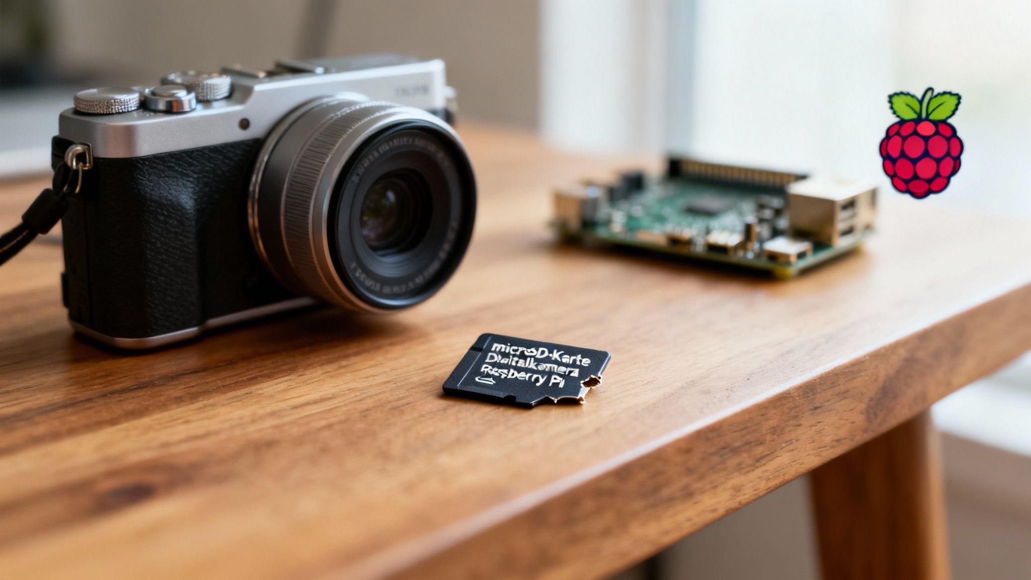 Eine Digitalkamera, eine microSD-Karte für Raspberry Pi und eine Platine auf einem Holztisch.