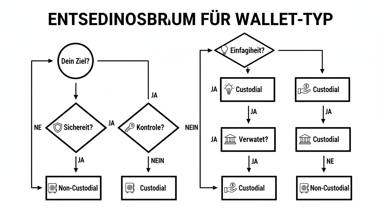 Flussdiagramm zur Auswahl des richtigen Wallet-Typs basierend auf Sicherheit, Kontrolle und Einfachheit.