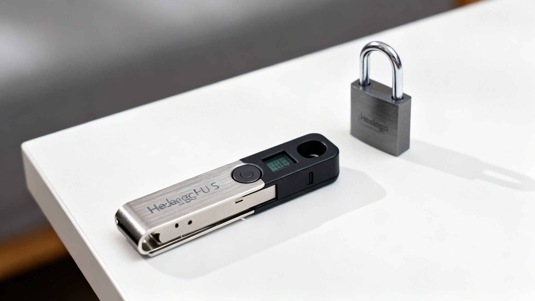 Ein Ledger Nano S Plus liegt neben einer Kiste und zeigt seine robuste Bauweise und den USB-Anschluss