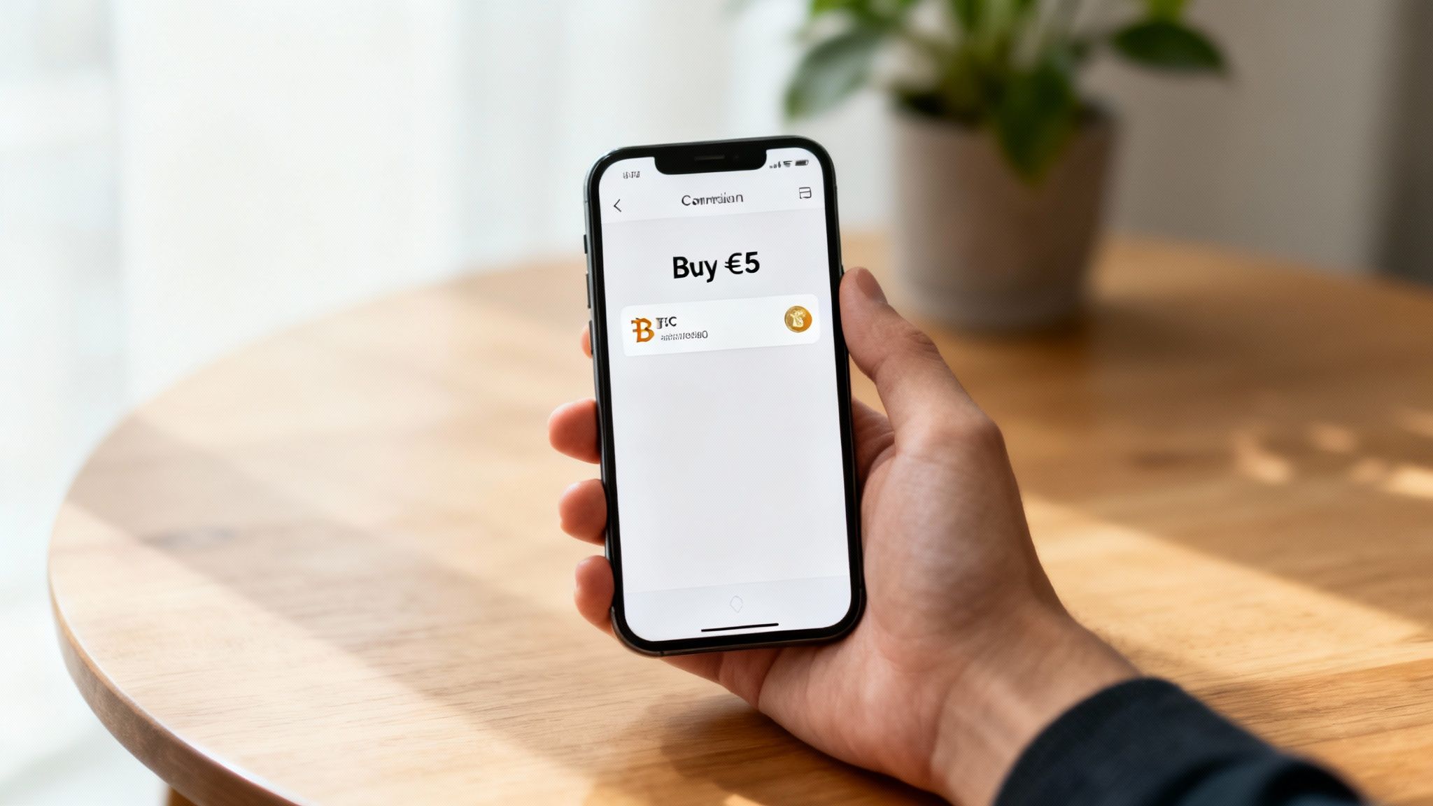 Person hält Smartphone mit Bitcoin-Kauf-App, Bildschirm zeigt 5 Euro Bitcoin-Transaktion an