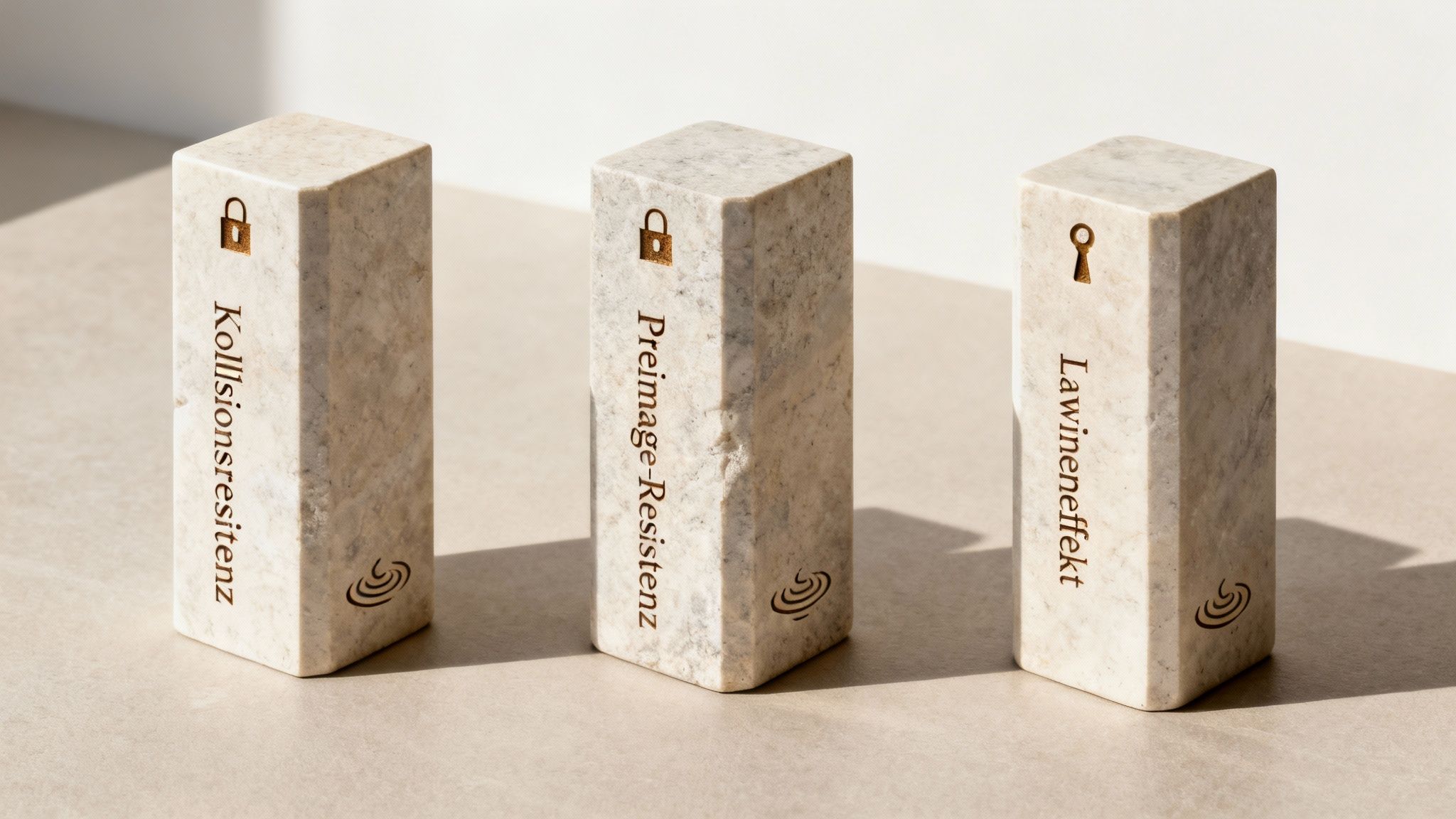 Drei helle Steinsäulen mit gravierten Begriffen wie Kollisionsresistenz, Preimage-Resistenz und Lawineneffekt sowie Kryptosymbolen.