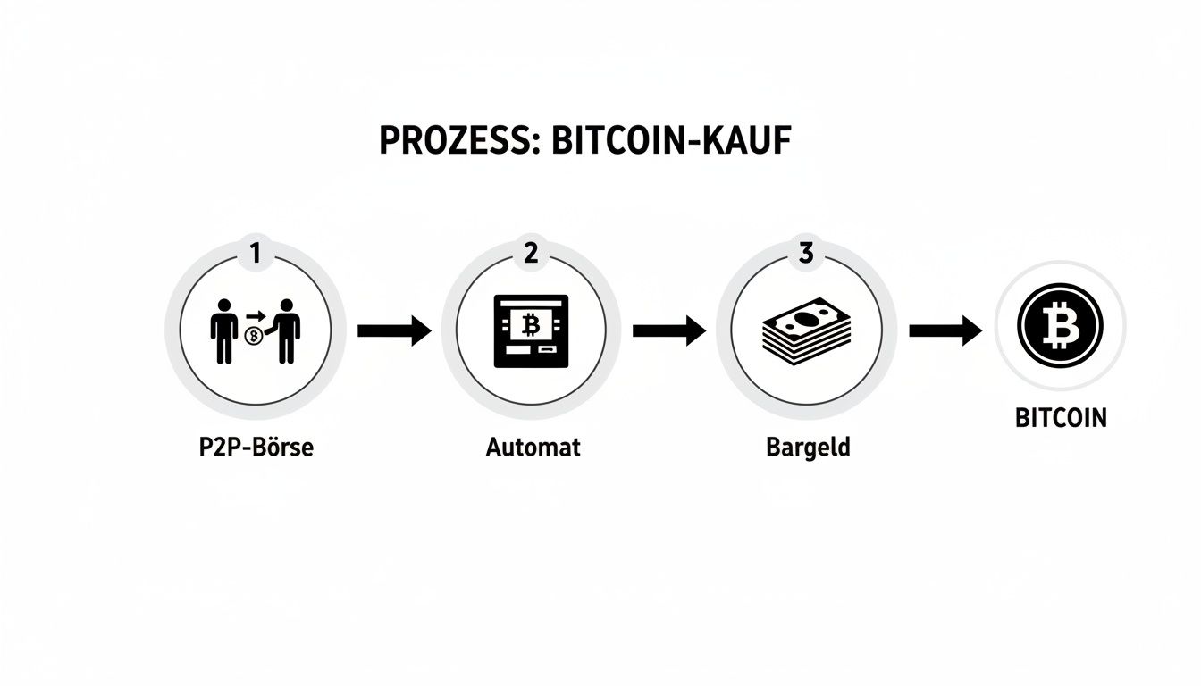 Prozess des Bitcoin-Kaufs, dargestellt mit P2P-Börse, Bitcoin-Automat und Bargeld als Schritte.