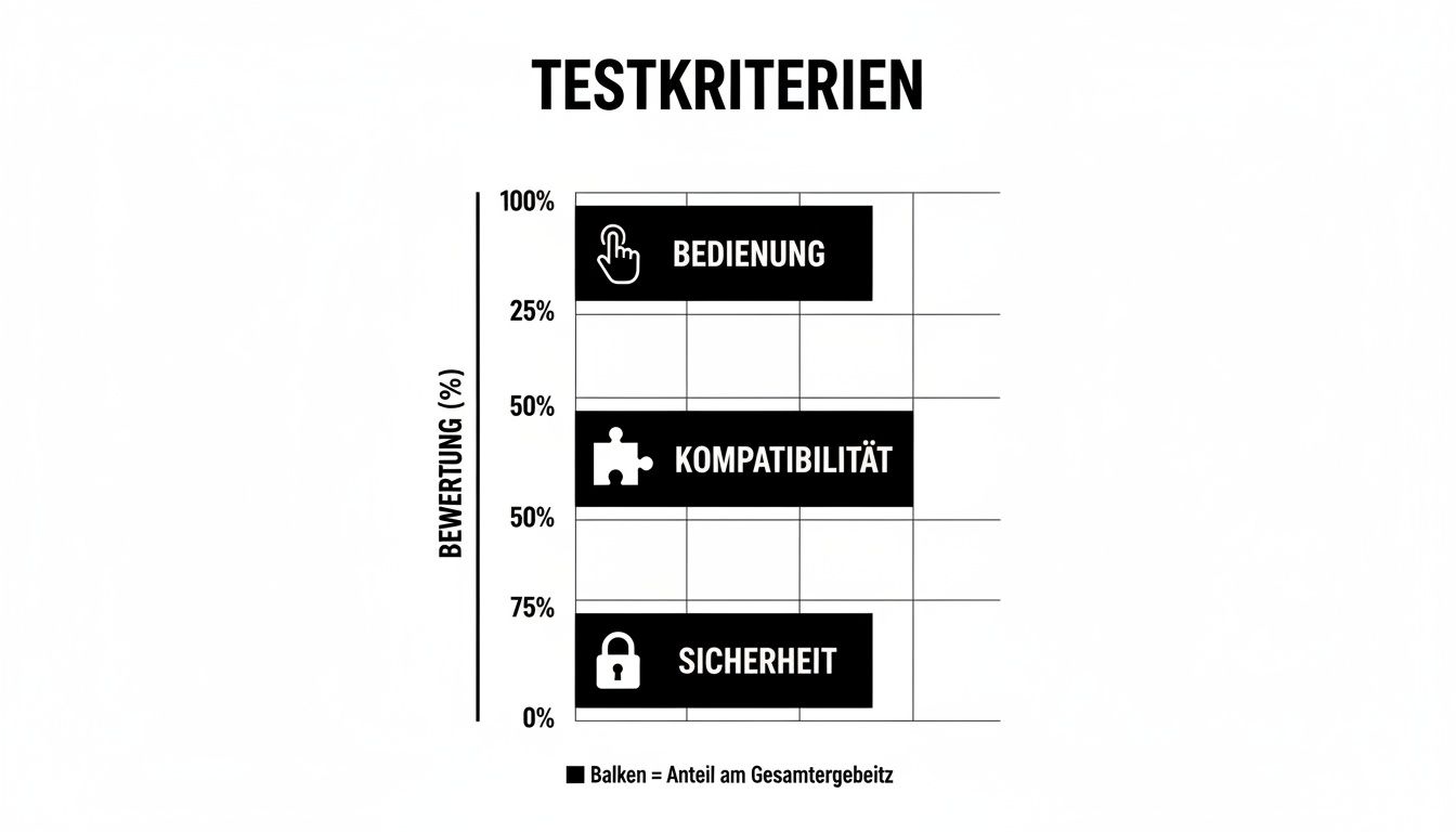 Übersicht der Testkriterien für Hardware-Wallets: Bedienung, Kompatibilität und Sicherheit mit ihrer prozentualen Bewertung.