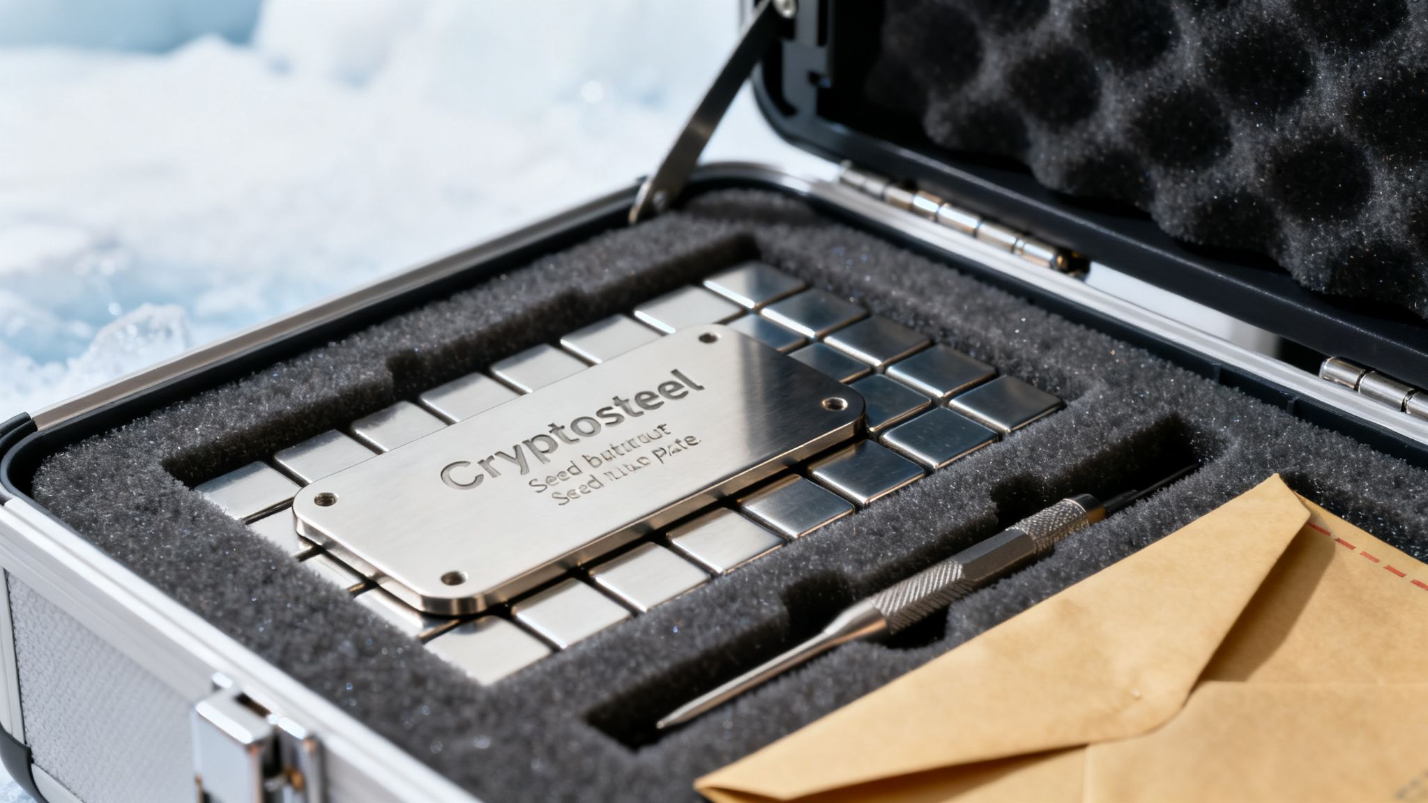 Eine Cryptosteel Seed Backup Plate in einem Koffer, umgeben von Eis. Ideal für die sichere Aufbewahrung von Hardware-Wallet-Seeds.
