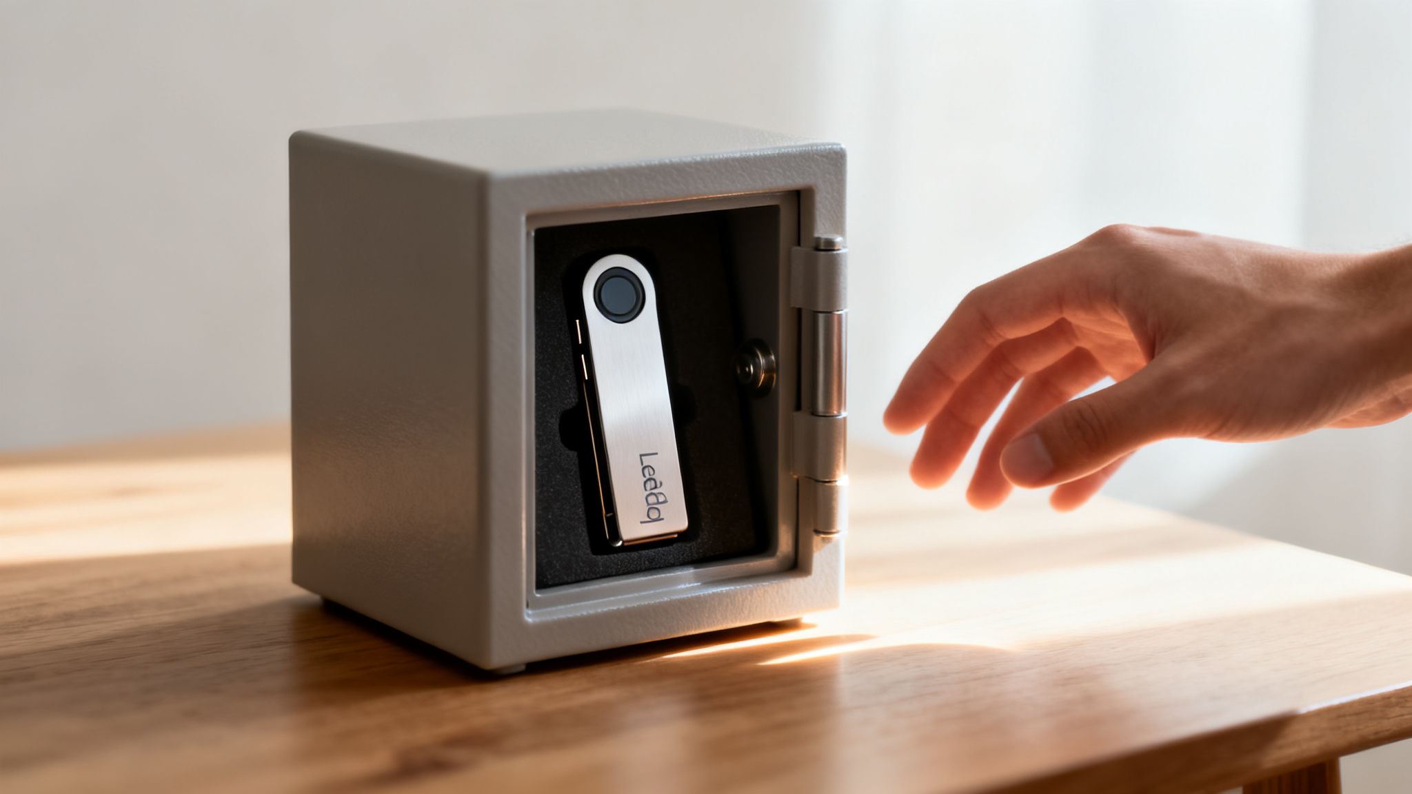 Eine Hand greift nach einer Ledger Hardware Wallet in einem geöffneten Safe auf einem Holztisch.