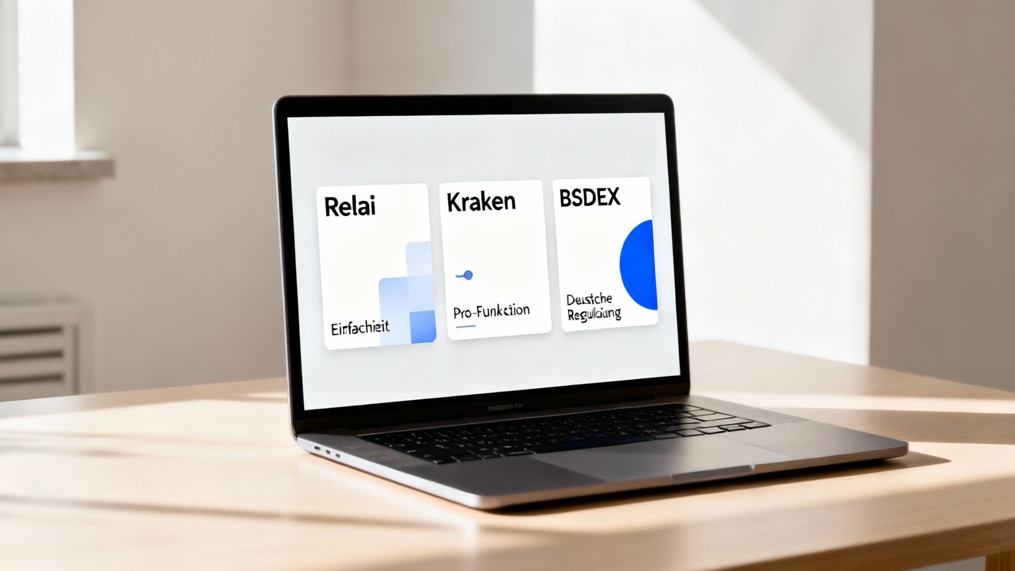 Ein Laptop zeigt einen Vergleich von drei Krypto-Trading-Plattformen: Relai, Kraken und BSDEX.