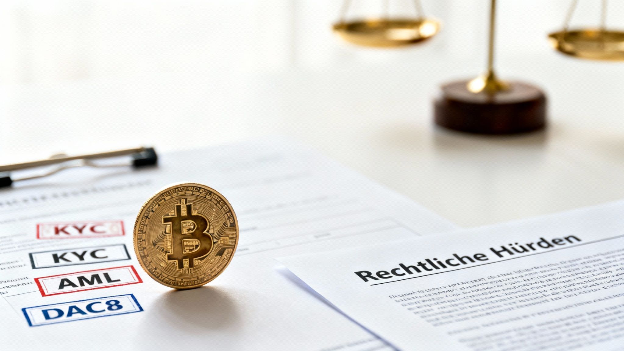 Goldene Bitcoin-Münze auf Dokumenten mit KYC, AML, DAC8 und Überschrift 'Rechtliche Hürden', daneben eine Waage der Gerechtigkeit.