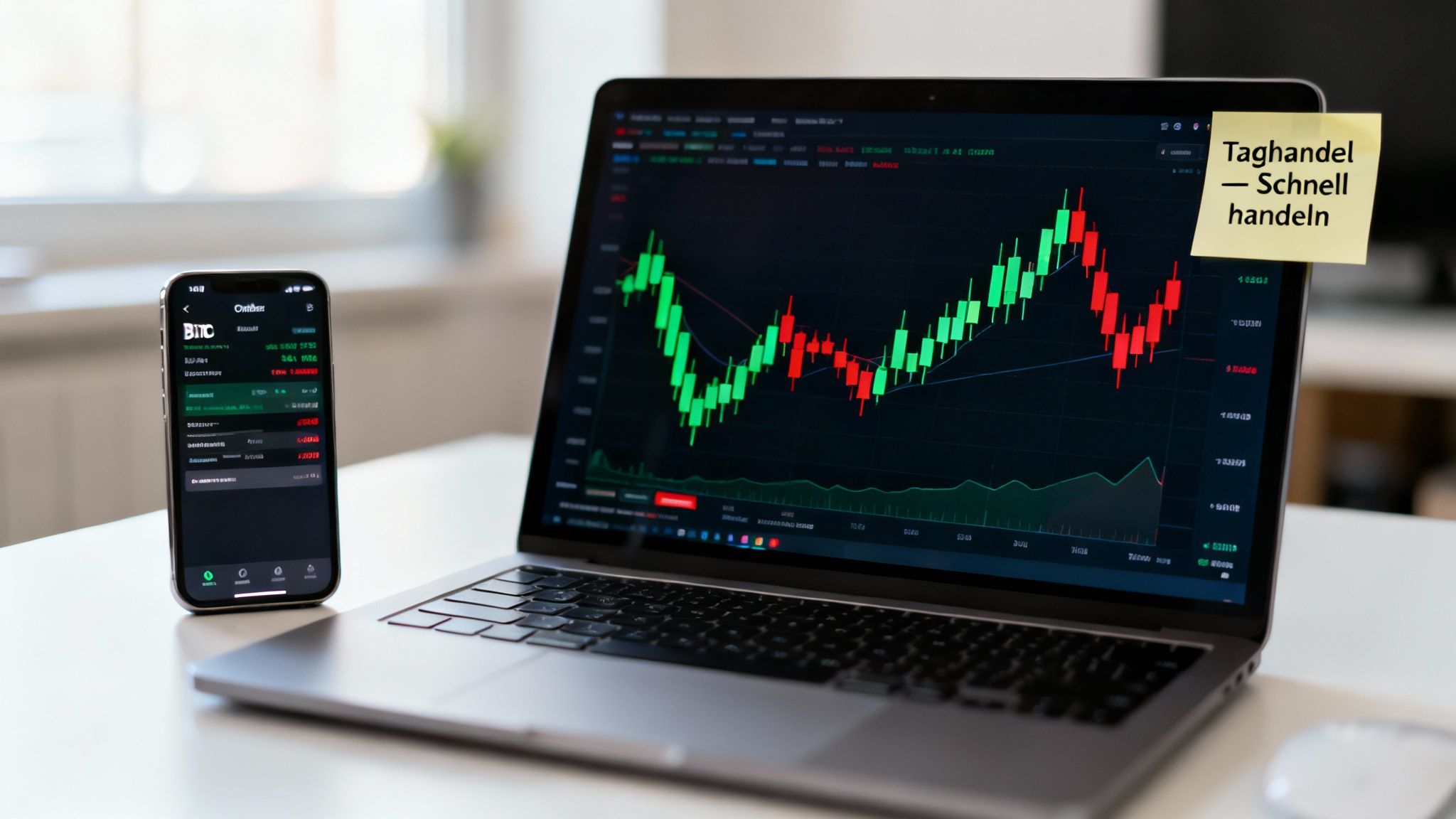 Ein Laptop und ein Smartphone zeigen Finanzcharts und Handelsdaten, mit einem Notizzettel für Daytrading.