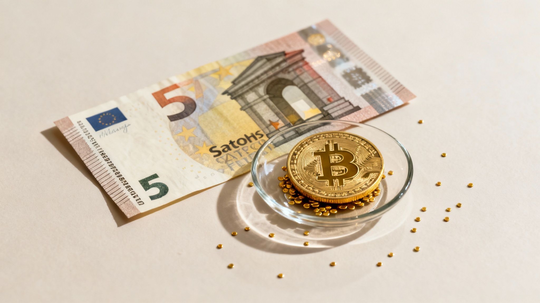 Fünf-Euro-Schein neben goldener Bitcoin-Münze auf Glasschale mit goldenen Perlen zur Veranschaulichung von Kryptowährungsumrechnung
