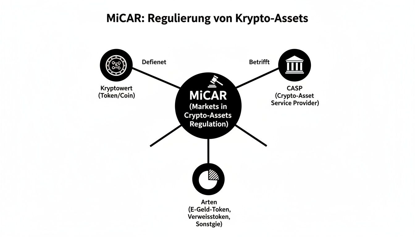 Diagramm zur MiCAR-Verordnung zeigt Regulierung von Krypto-Assets, Arten und Service-Providern.
