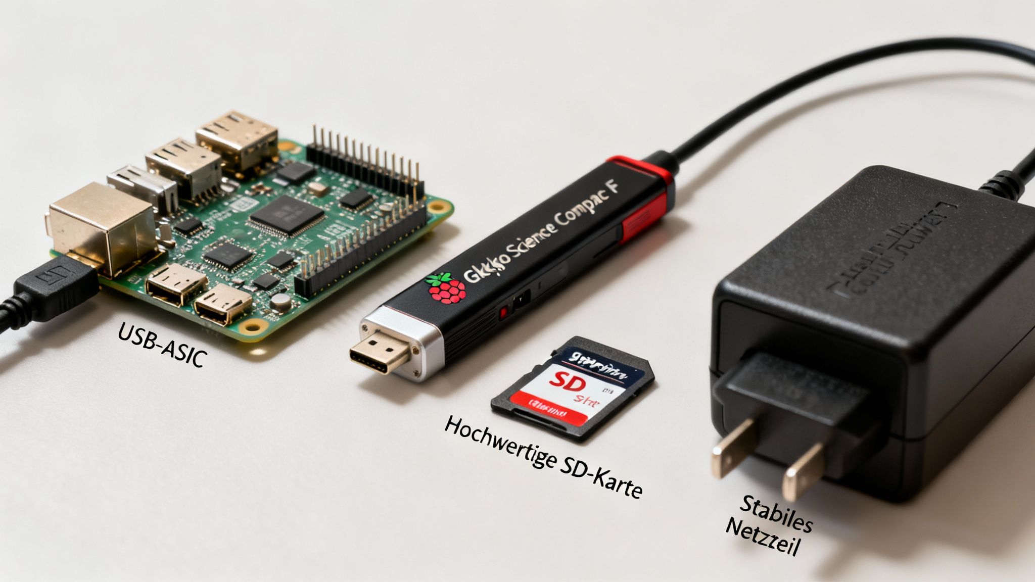 Hardware für Bitcoin-Mining: Ein Raspberry Pi, USB-Miner, eine SD-Karte und ein Netzteil sind abgebildet.