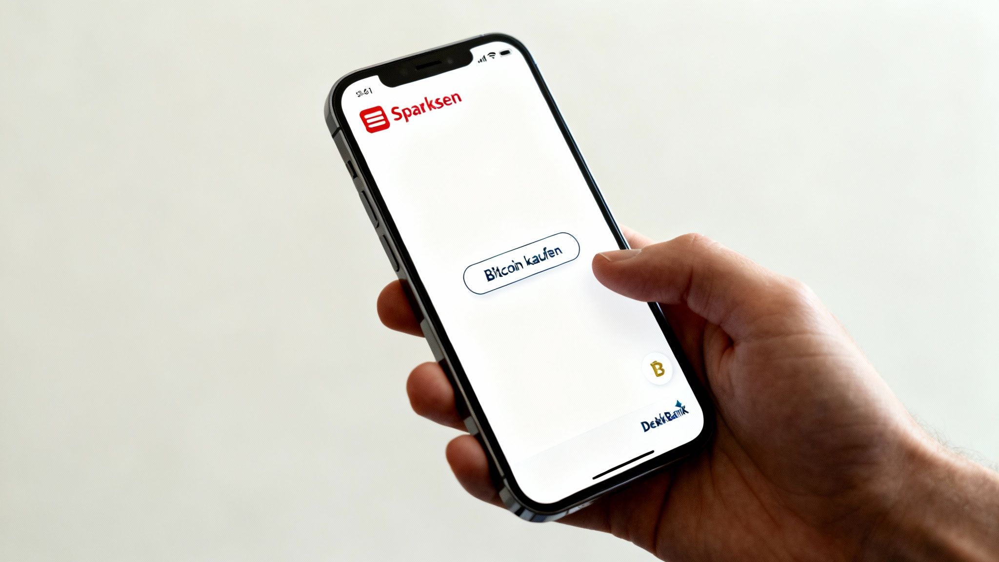 Smartphone zeigt Sparkassen Banking-App mit Bitcoin kaufen Button auf weißem Hintergrund