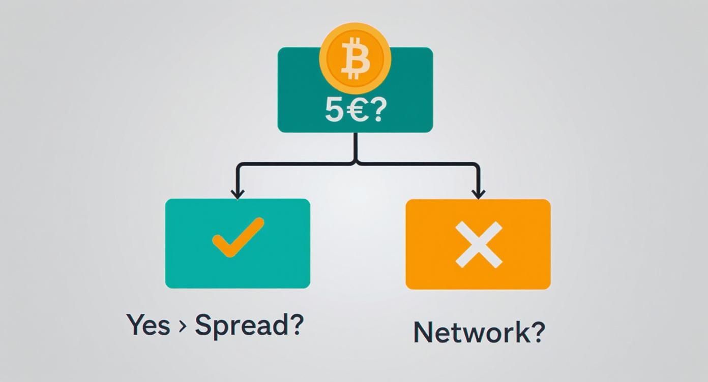 Entscheidungsdiagramm für Bitcoin-Kauf: Fünf Euro Investition mit Prüfung von Spread und Netzwerkgebühren