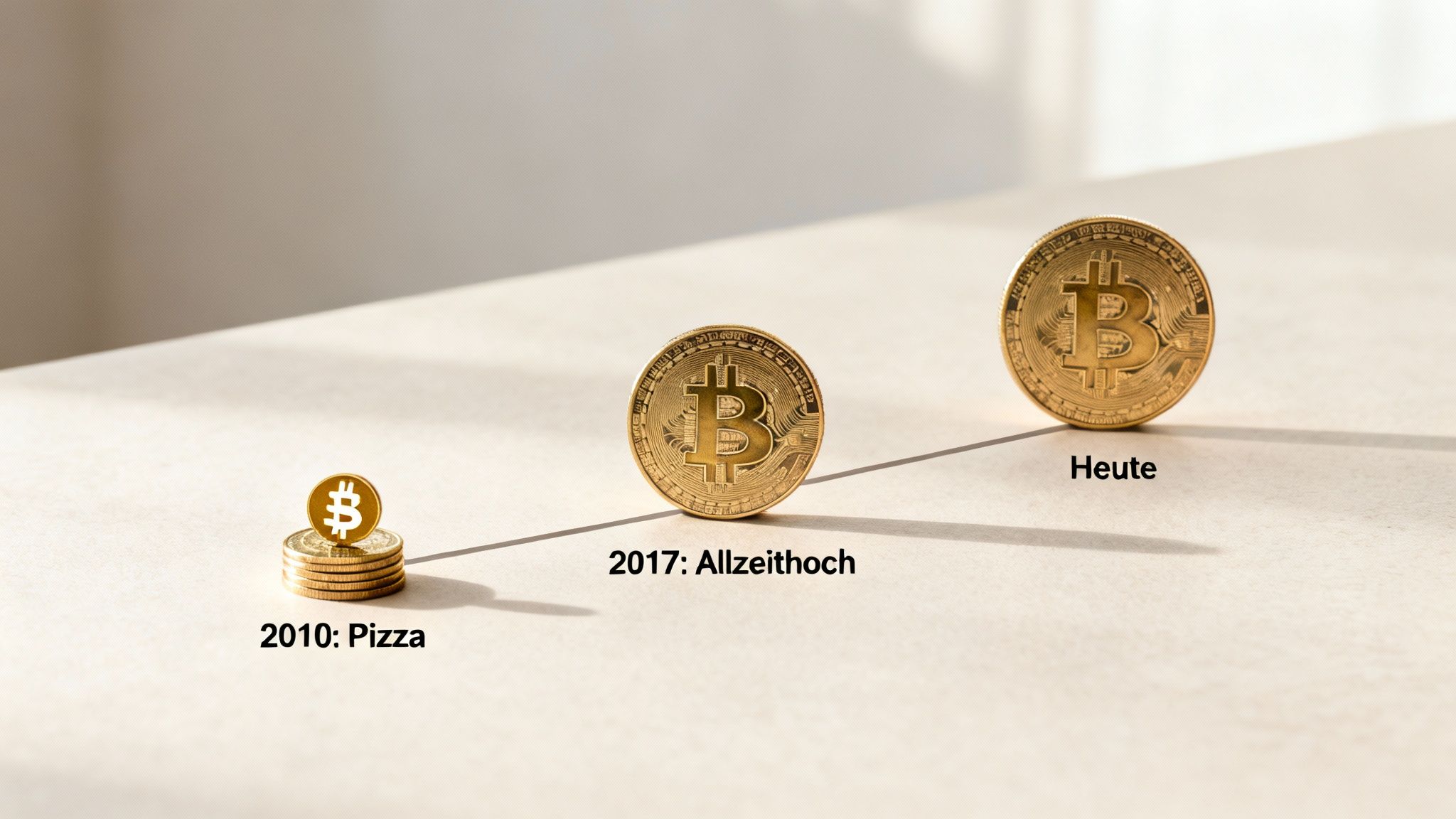 Visualisierung der Bitcoin-Wertentwicklung von 2010 (Pizza) über 2017 (Allzeithoch) bis heute, dargestellt durch Münzgrößen.