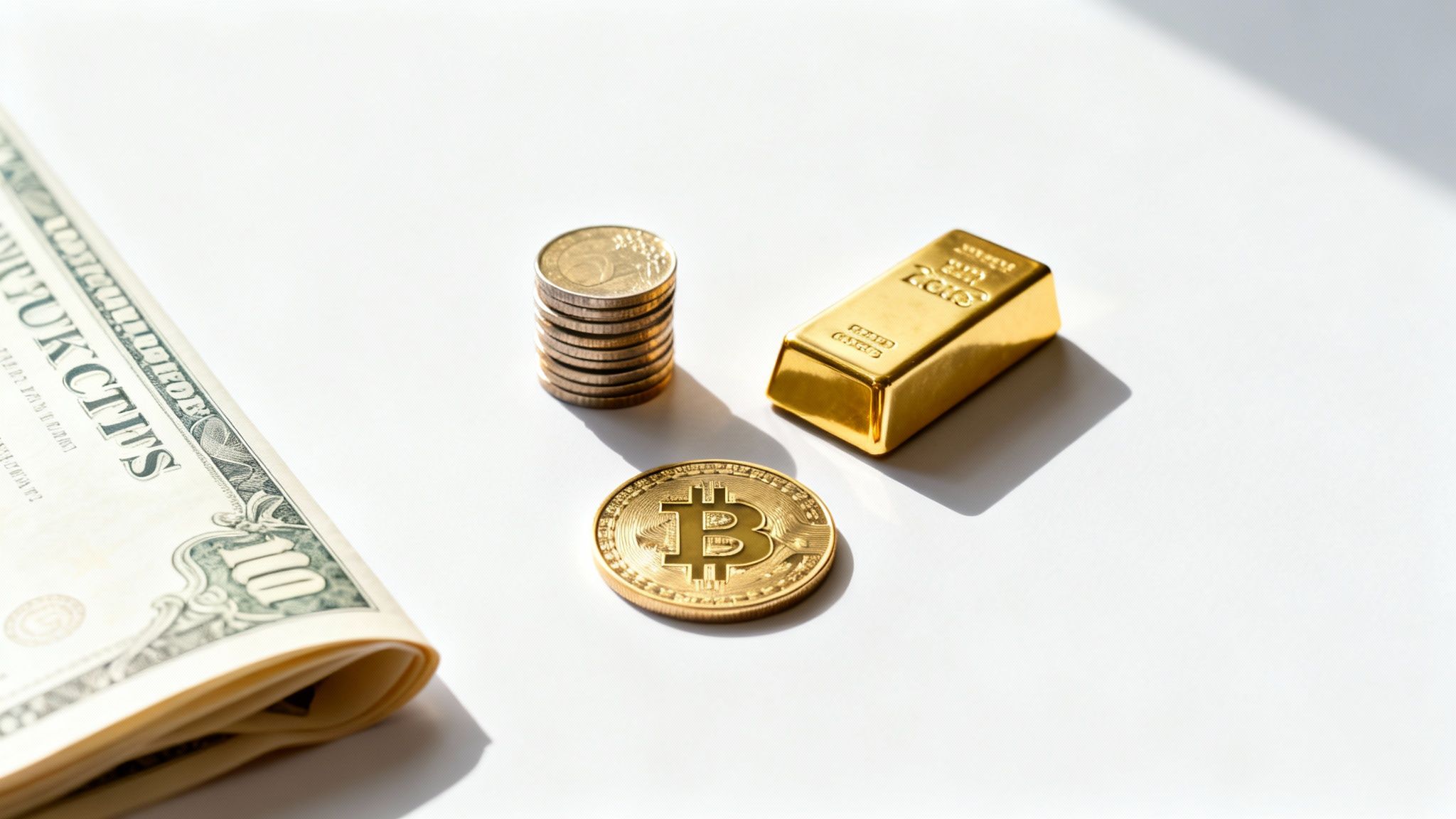 Geldscheine, Euro-Münzen, Goldbarren und Bitcoin-Münze liegen auf weißem Untergrund.