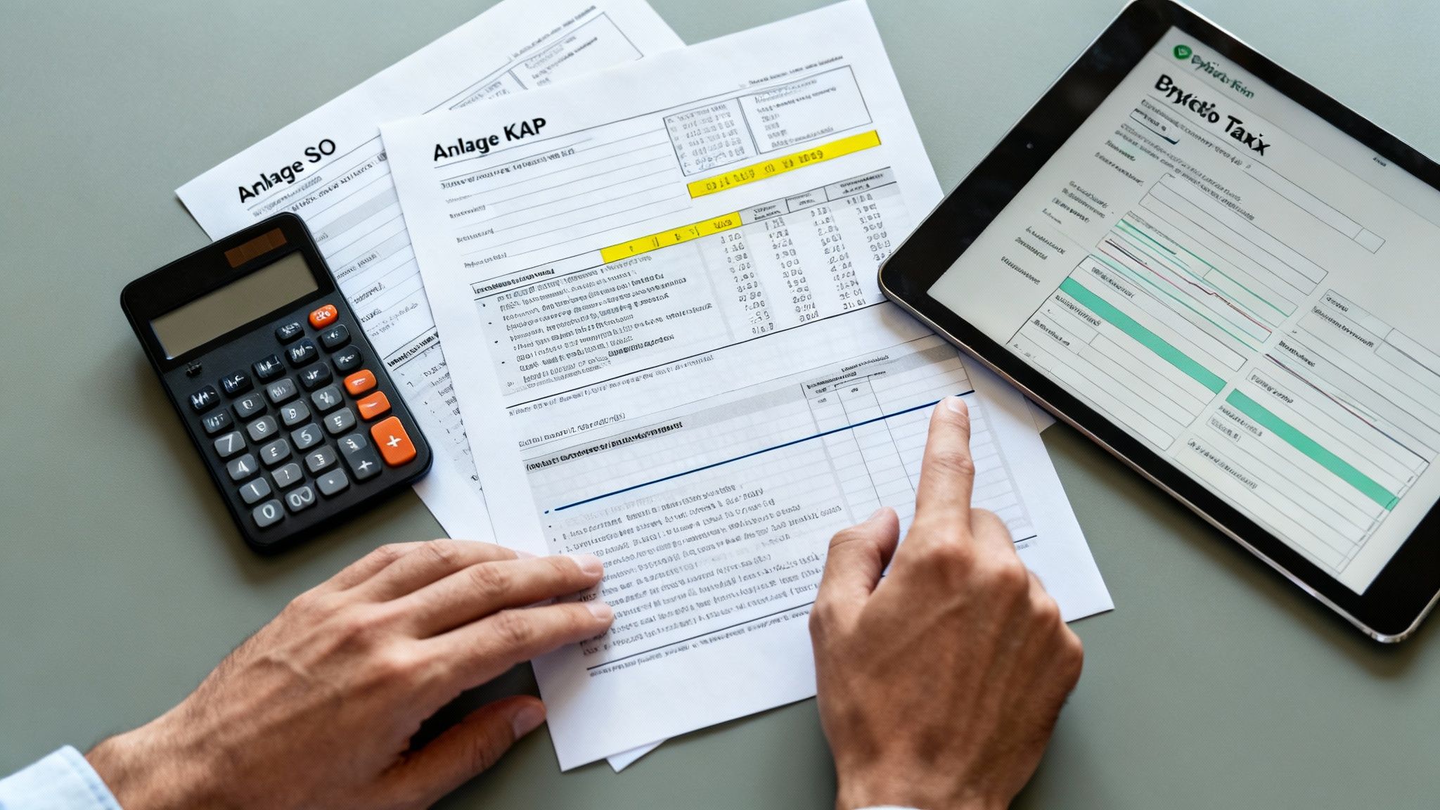 Eine Person prüft Steuerformulare und -daten auf einem Tablet mit einem Taschenrechner daneben.