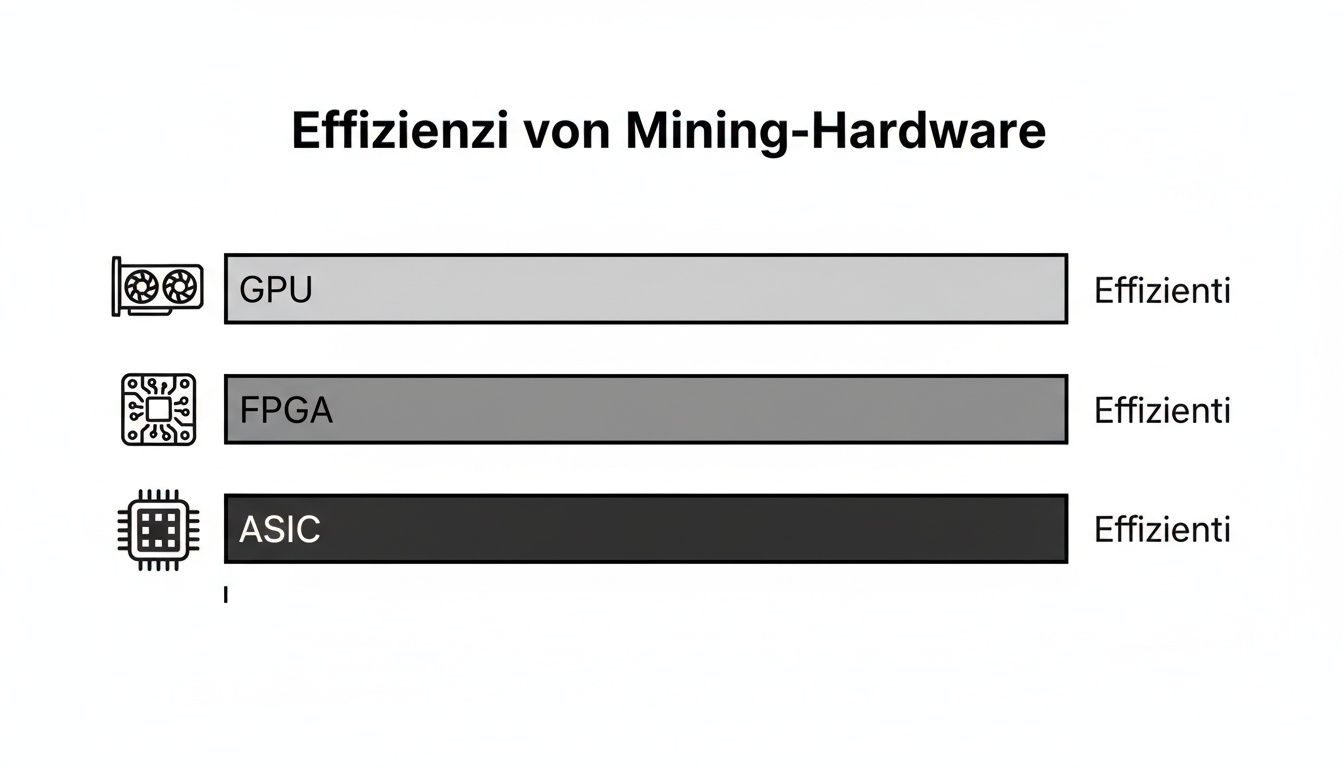 Balkendiagramm zur Effizienz von Mining-Hardware: GPU, FPGA und ASIC im Vergleich, wobei ASIC am effizientesten ist.