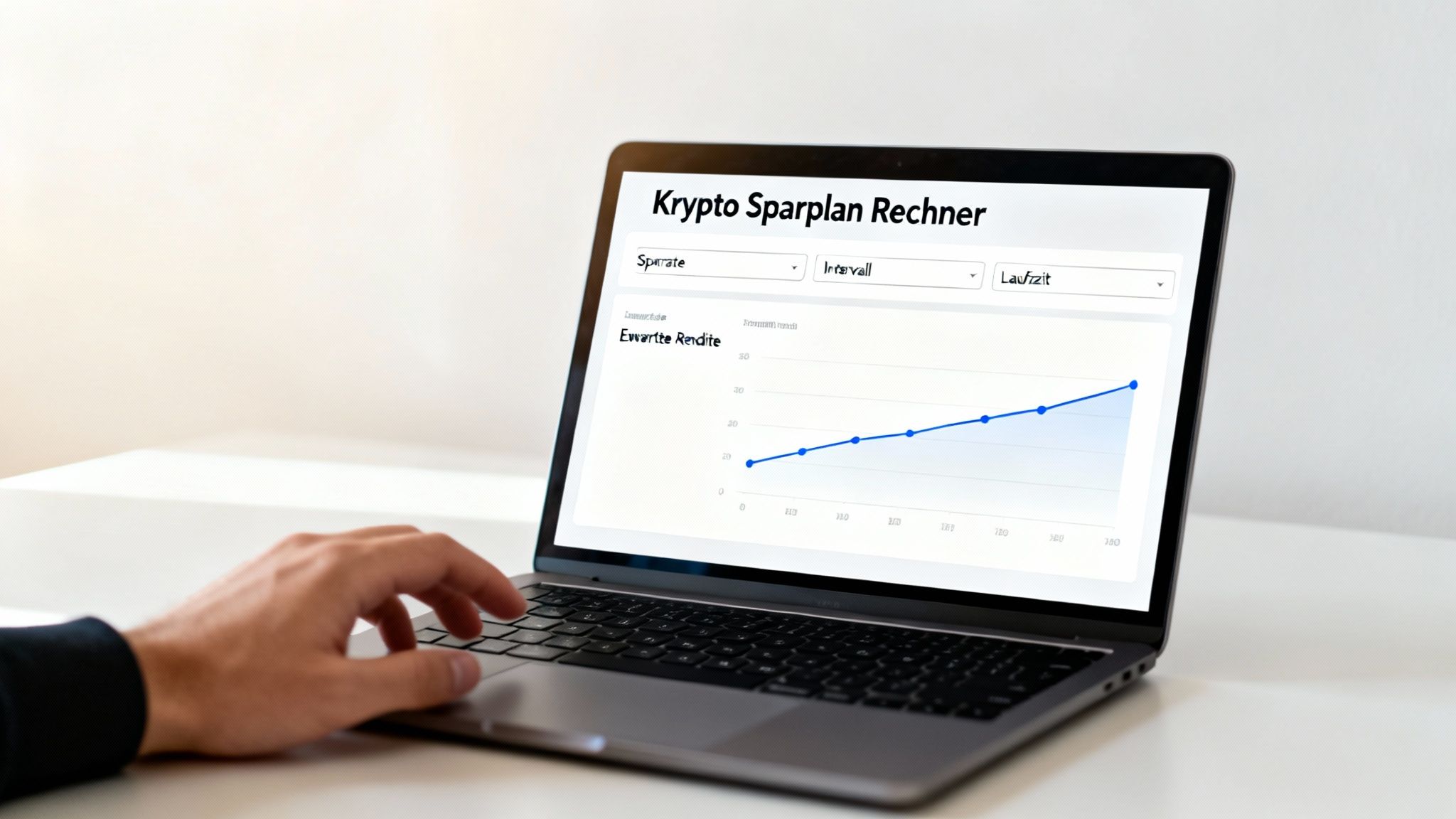 Ein Mann benutzt einen Laptop mit einem Krypto Sparplan Rechner, der eine Renditegrafik anzeigt.