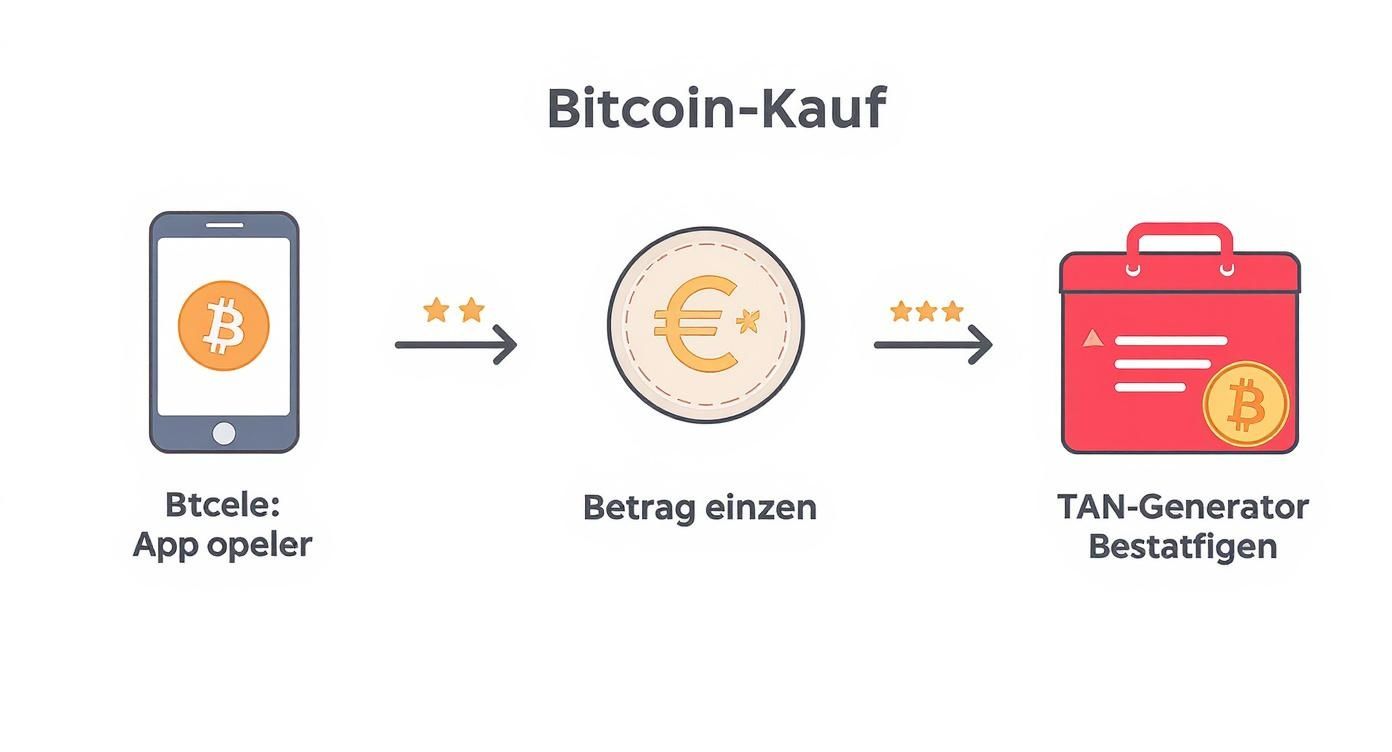 Bitcoin-Kauf Prozess: Btcele App öffnen, Euro Betrag einzahlen und TAN-Generator zur Bestätigung verwenden