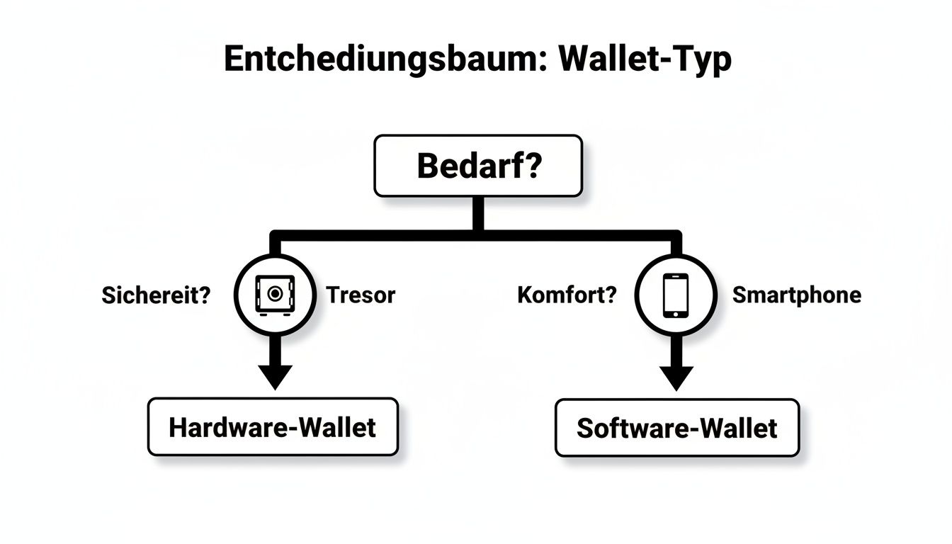 Ein Entscheidungsbaum zur Auswahl des passenden Krypto-Wallet-Typs, basierend auf den Kriterien Sicherheit oder Komfort.