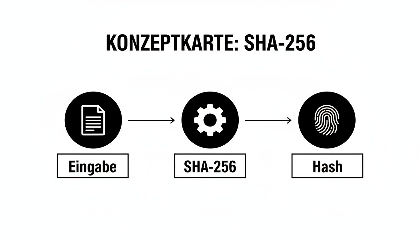 Konzeptkarte zur SHA-256-Hashfunktion, zeigt den Prozess von der Eingabe zur Hasherzeugung mittels SHA-256.