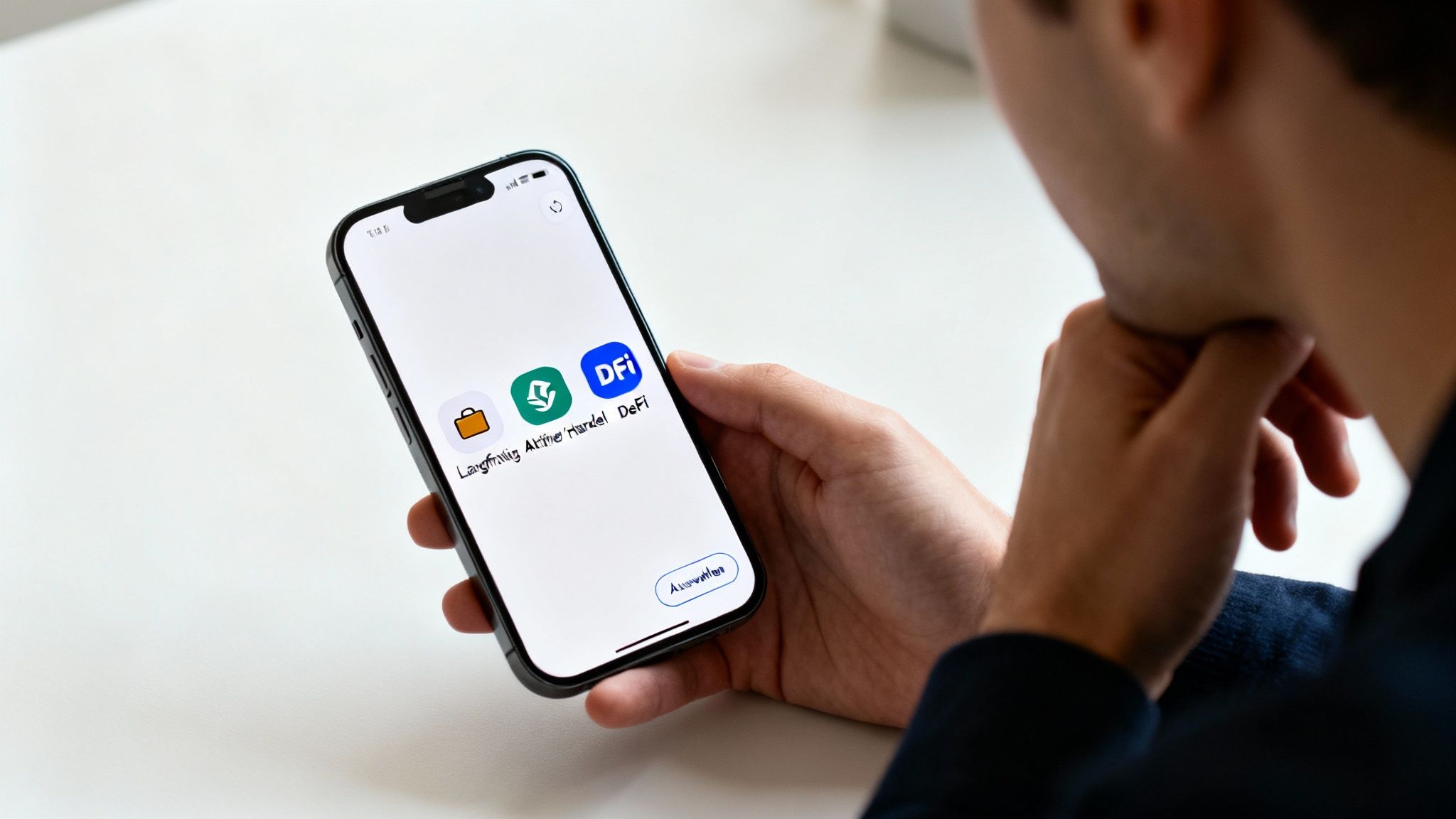 Eine Person hält ein Smartphone in der Hand, das drei Finanz-App-Symbole anzeigt: Langfristig, Aktiver Handel und DeFi.