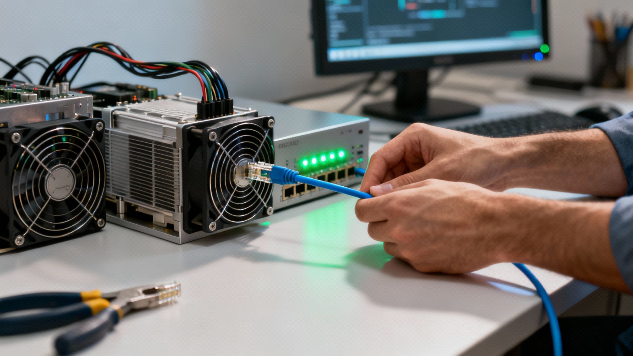 Hände verbinden ein blaues Netzwerkkabel mit einem Switch, während Krypto-Miner auf dem Schreibtisch bereitstehen.