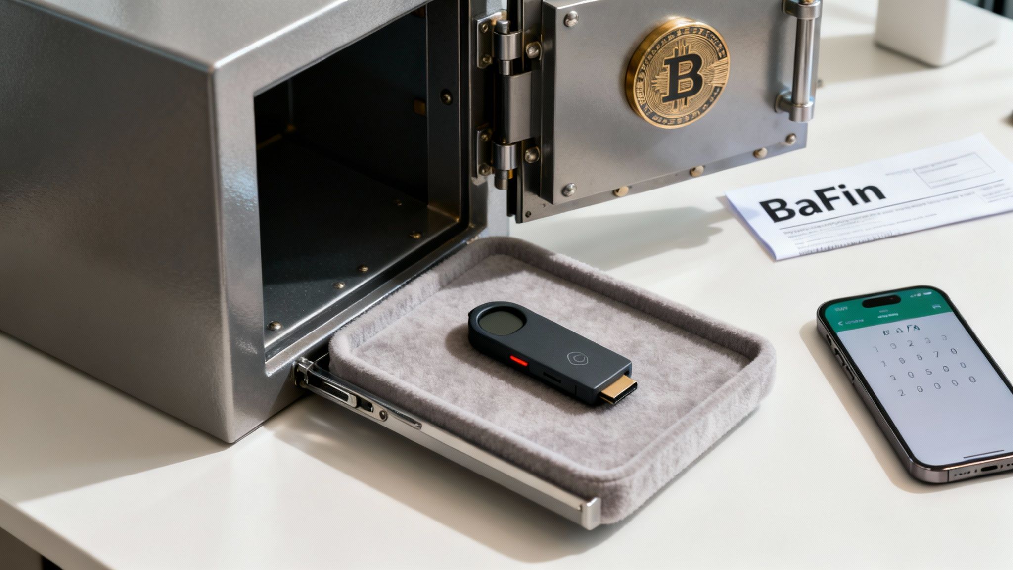 Ein Tresor symbolisiert die sichere Verwahrung von Bitcoin bei Coinbase oder Bitpanda